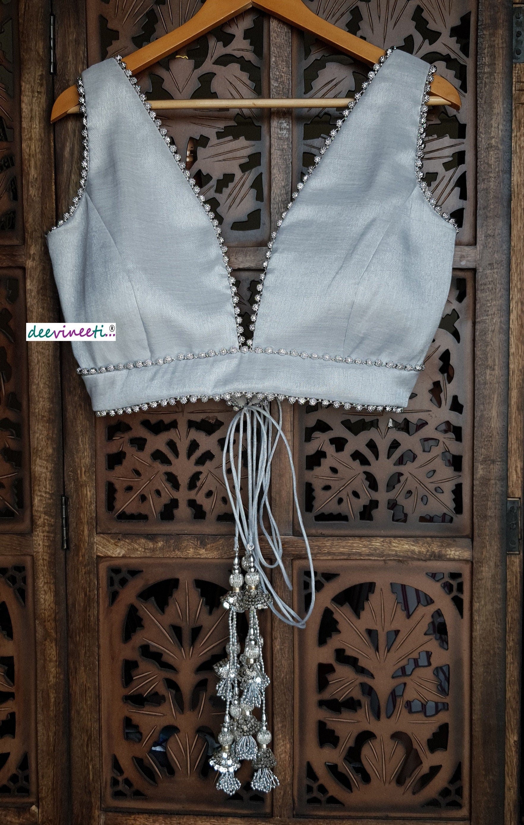 Silver Embellished Tissue Silk Plunge Neckline Blouse DVBL_115