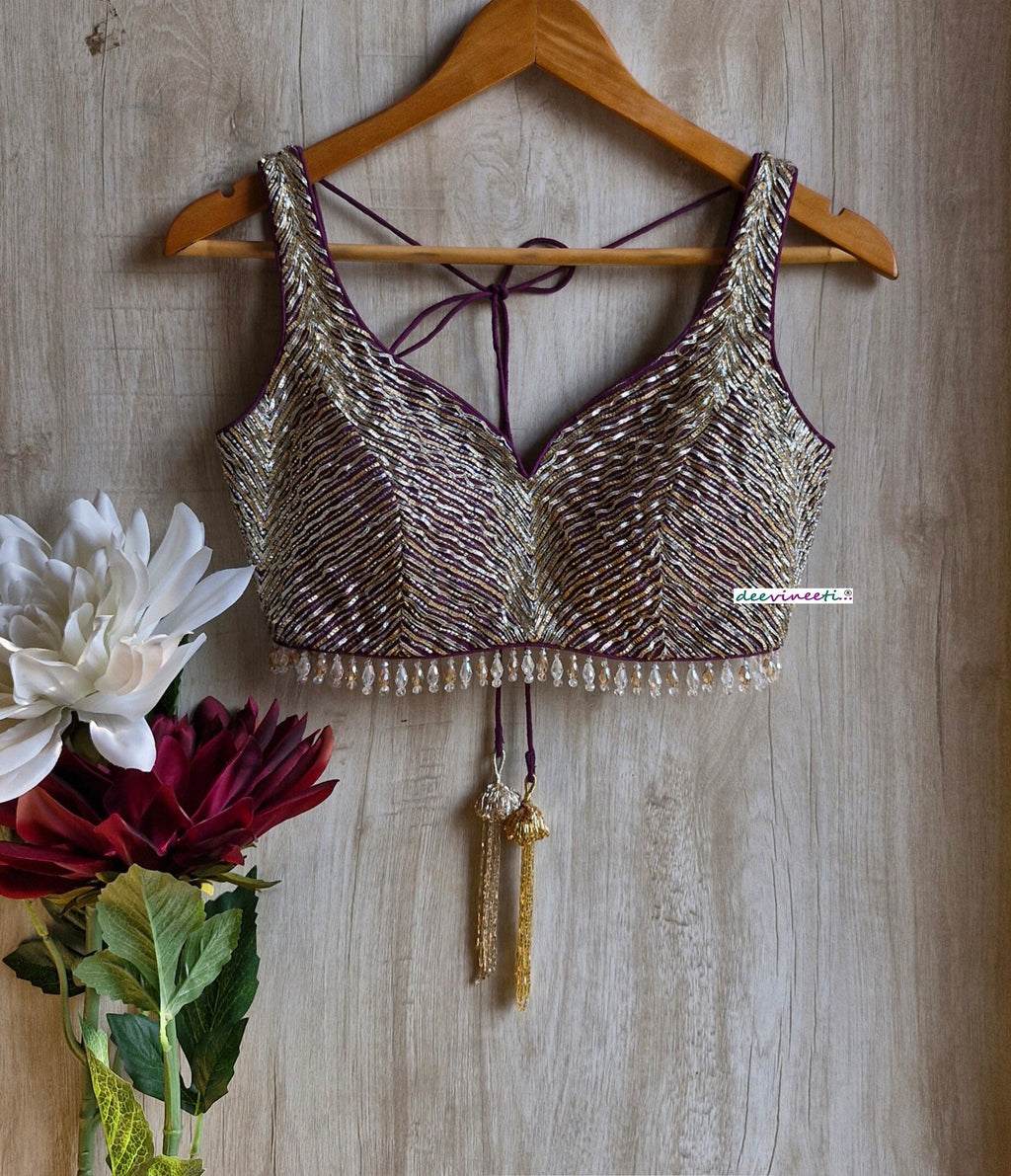 Hand Embroidered Wine with Gold and Silver Cutdana Blouse DVBL_352