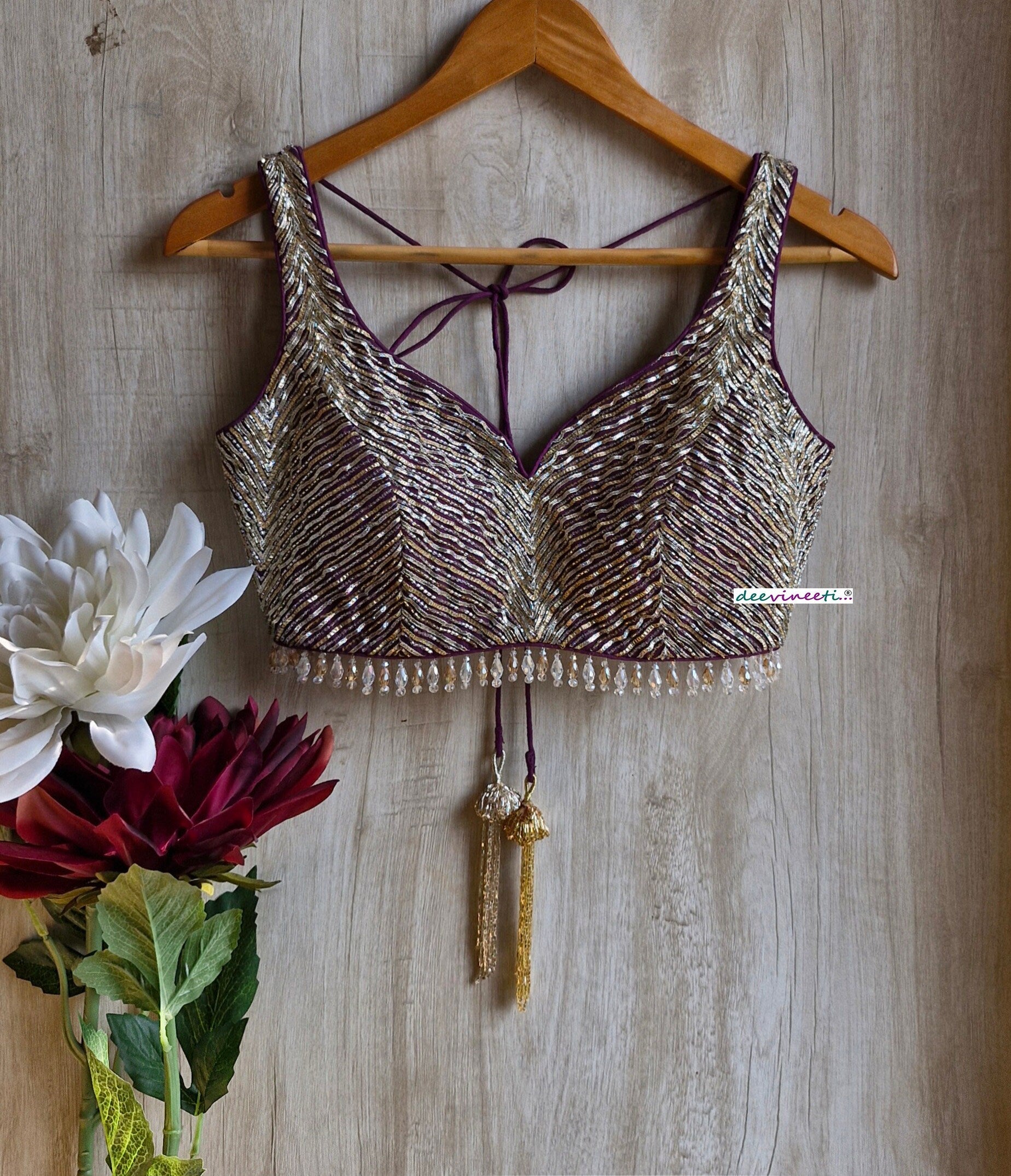 Hand Embroidered Wine with Gold and Silver Cutdana Blouse DVBL_352