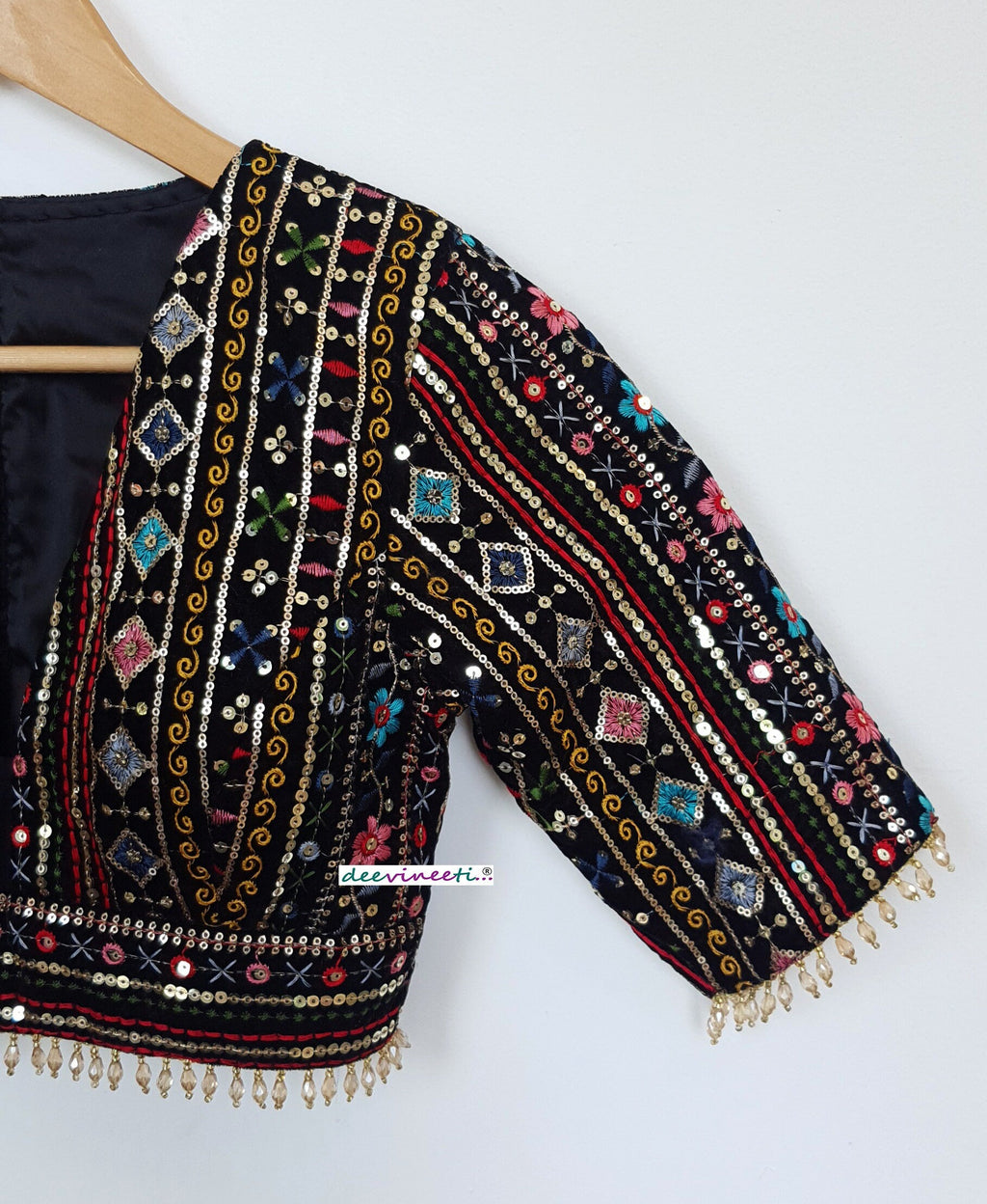 Black Embroidered Velvet Plunge Neckline Blouse DVBL_294