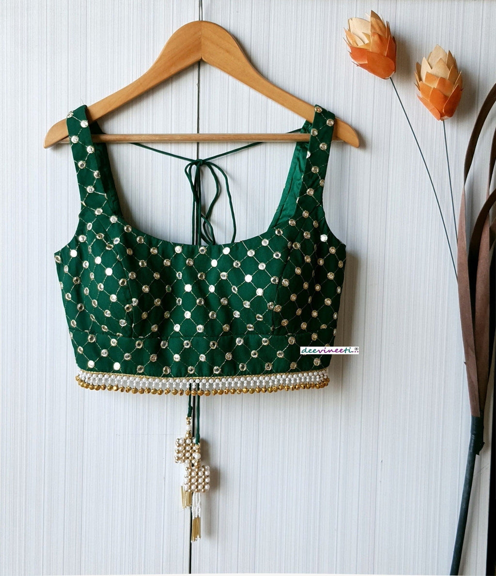 Faux Mirror Embroidered Green Square Neck Blouse DVBL_222
