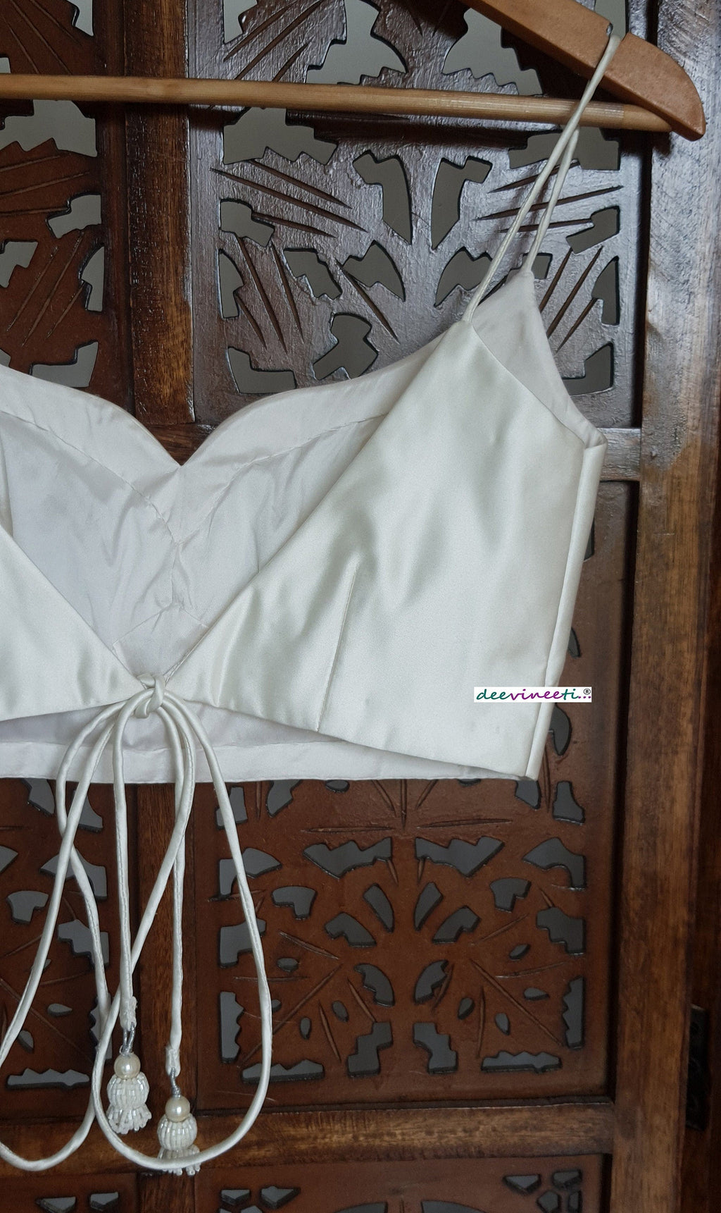 Off White Satin Sweetheart Neck Spaghetti Blouse DVBL_278