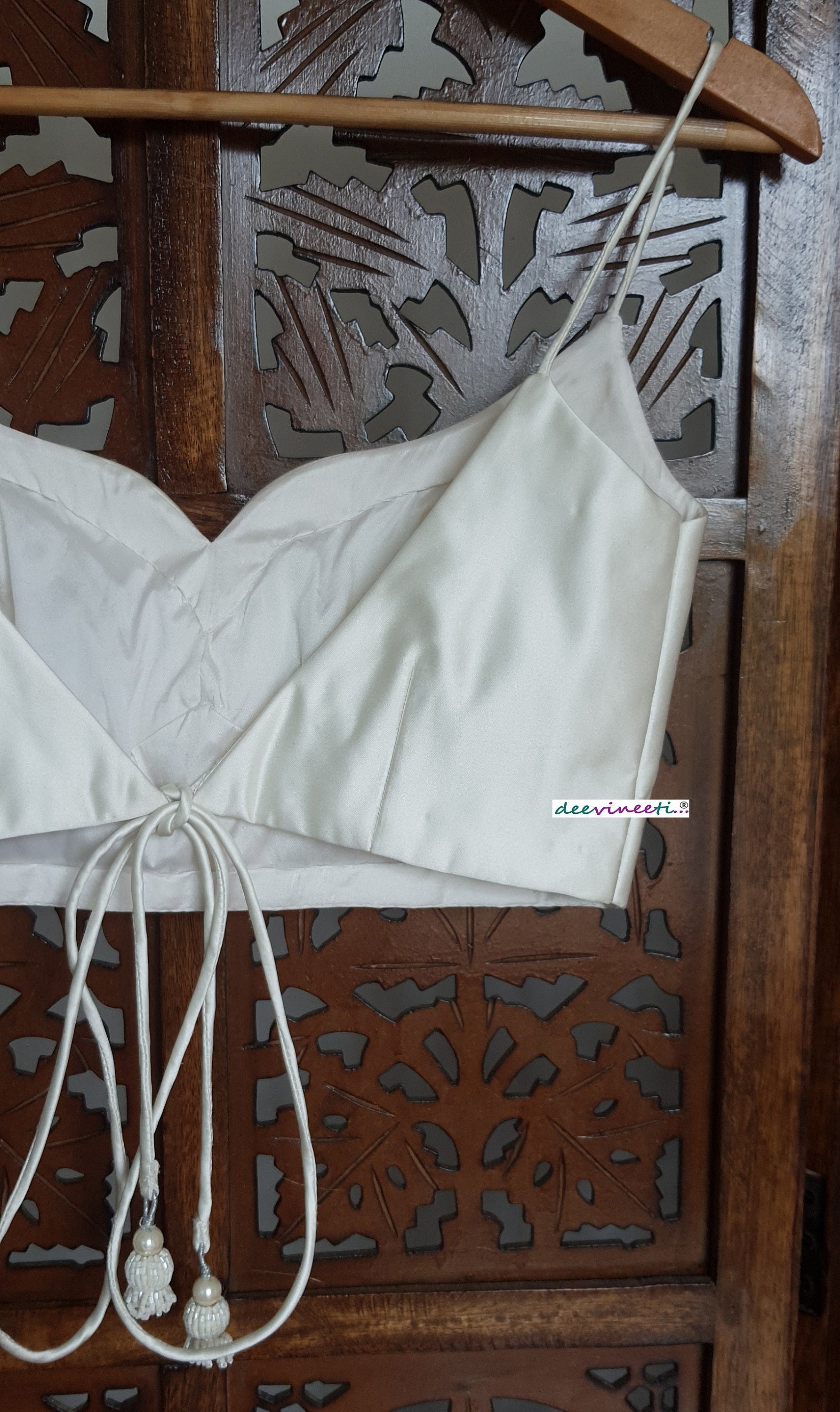 Off White Satin Sweetheart Neck Spaghetti Blouse DVBL_278