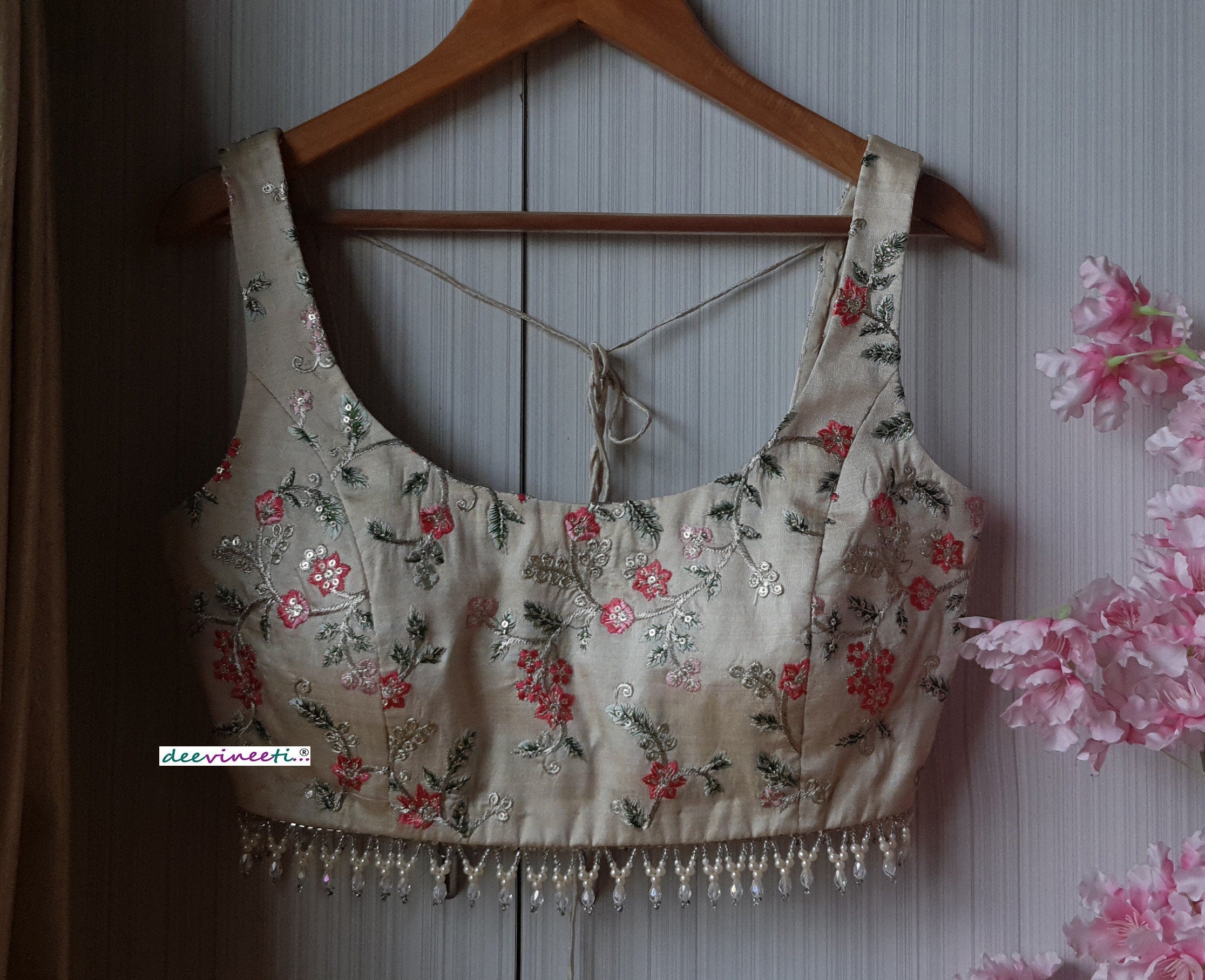 Cream Embroidered Silk U Neck Blouse DVBL_191