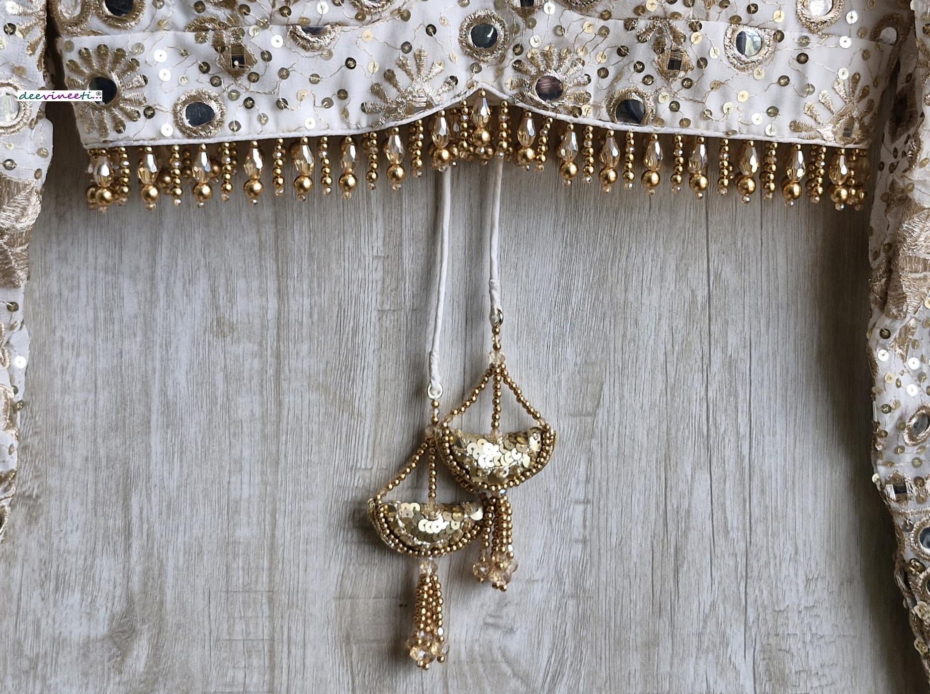 Ivory and Gold Embroidered Sweetheart Neck Long Sleeves Blouse DVBL_373