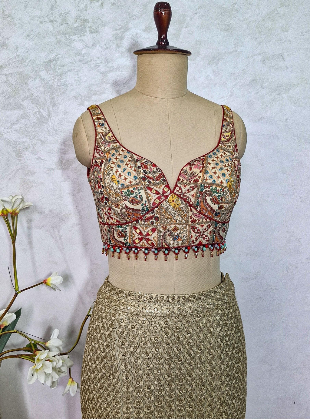Embroidered Multicolor Chinon Deep Sweetheart Neck Blouse DVBL_434