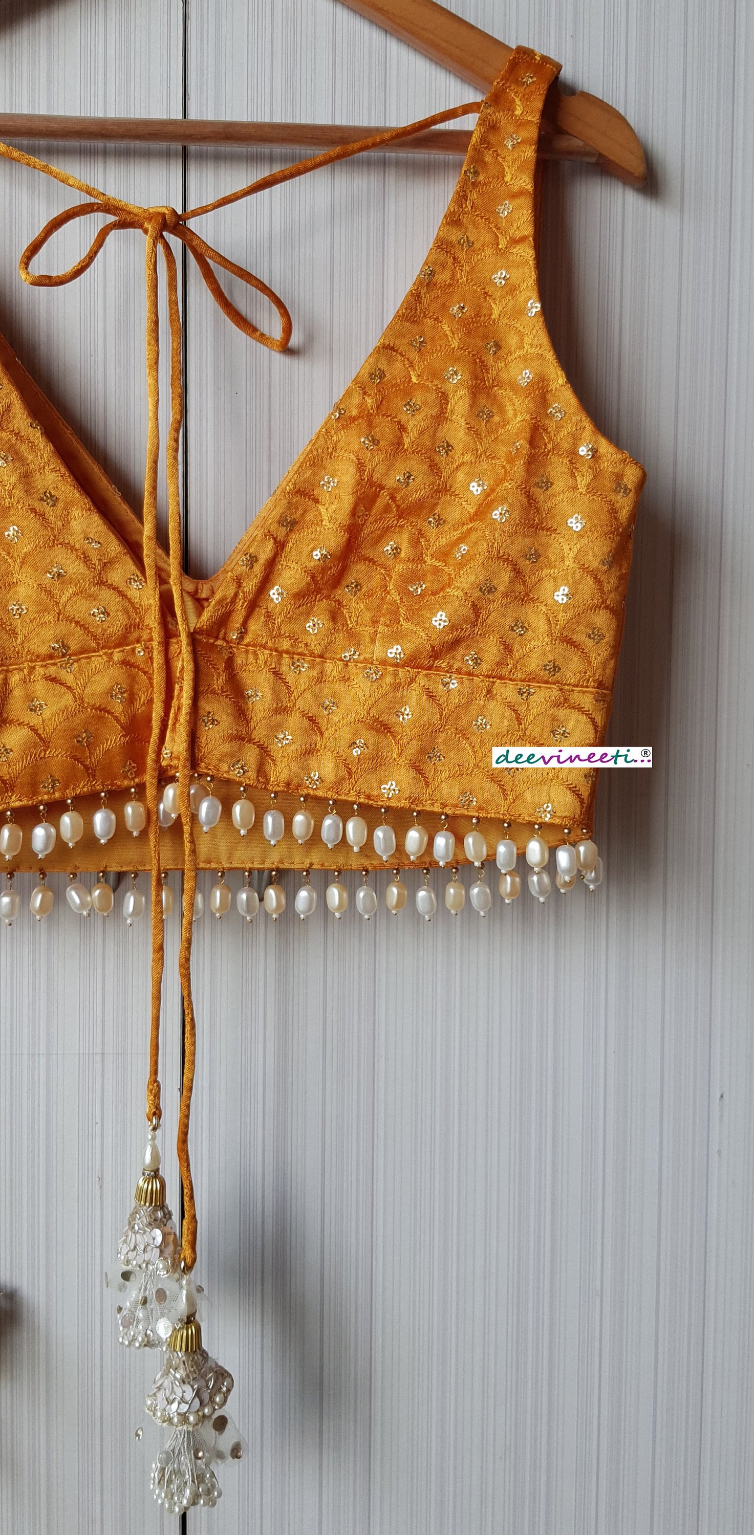 Mustard Embroidered Gajji Silk Deep V Neck Blouse DVBL_209