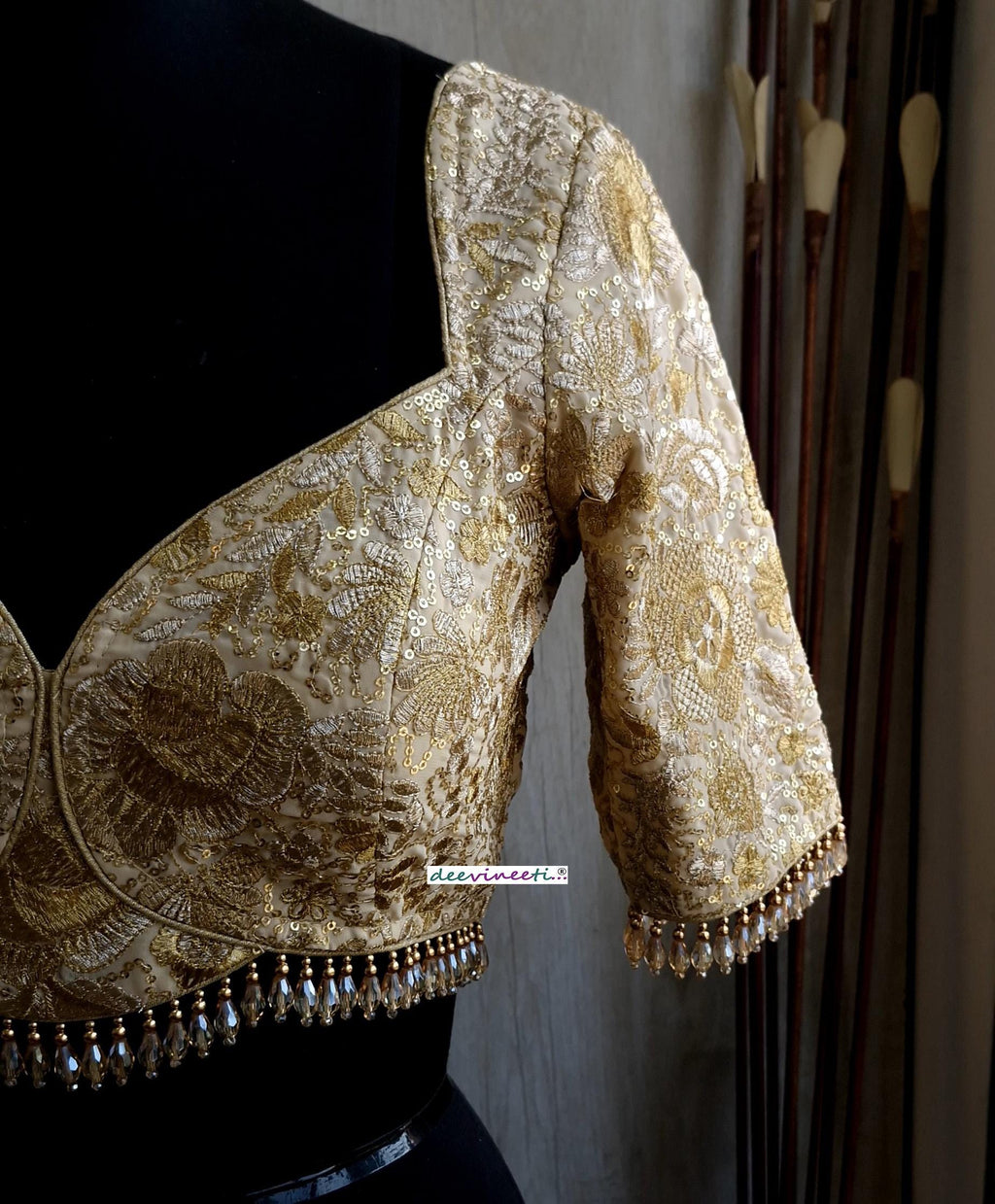 Beige Gold Embroidered Deep Sweetheart Neck Blouse DVBL_380