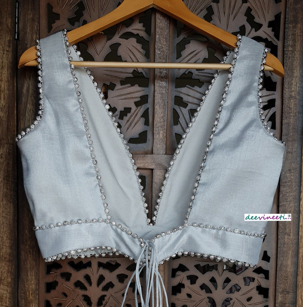 Silver Embellished Tissue Silk Plunge Neckline Blouse DVBL_115