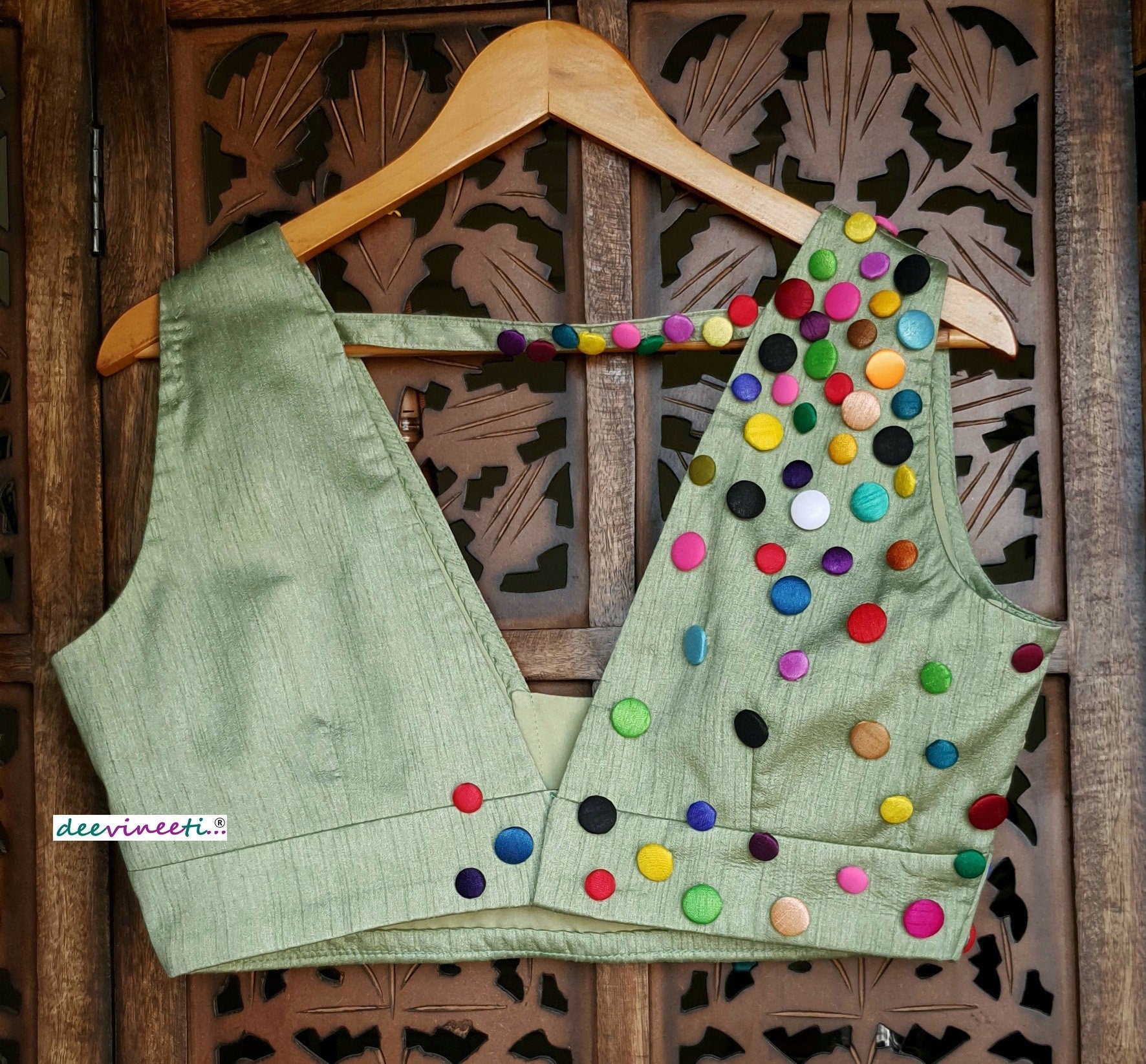 Green Raw Silk Button Embellished Blouse DVBL_135