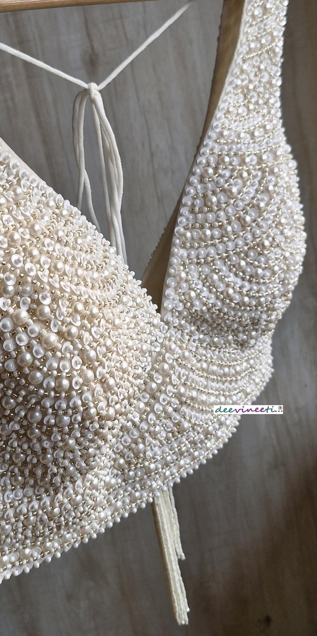 Beads and Sequins Hand Embroidered Ivory V Neck DVBL_385