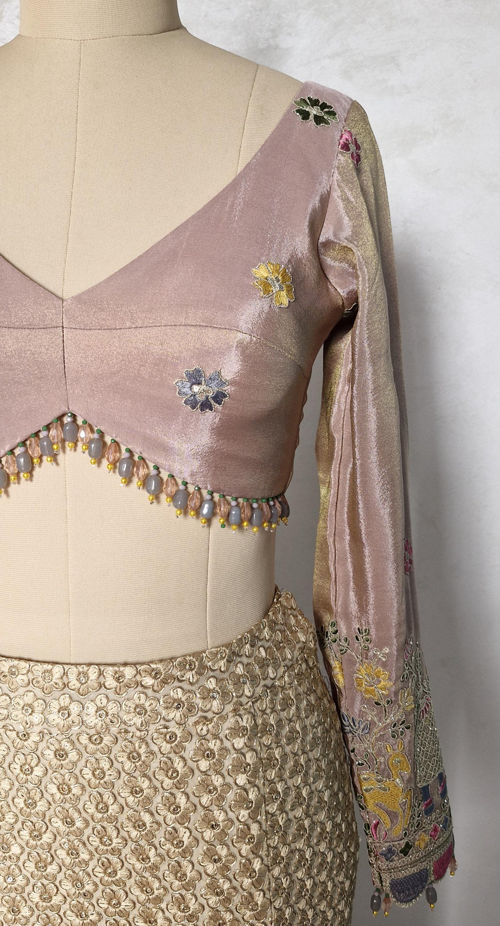Dusty Rose Pink Embroidered Tissue Silk Blouse DVBL_442