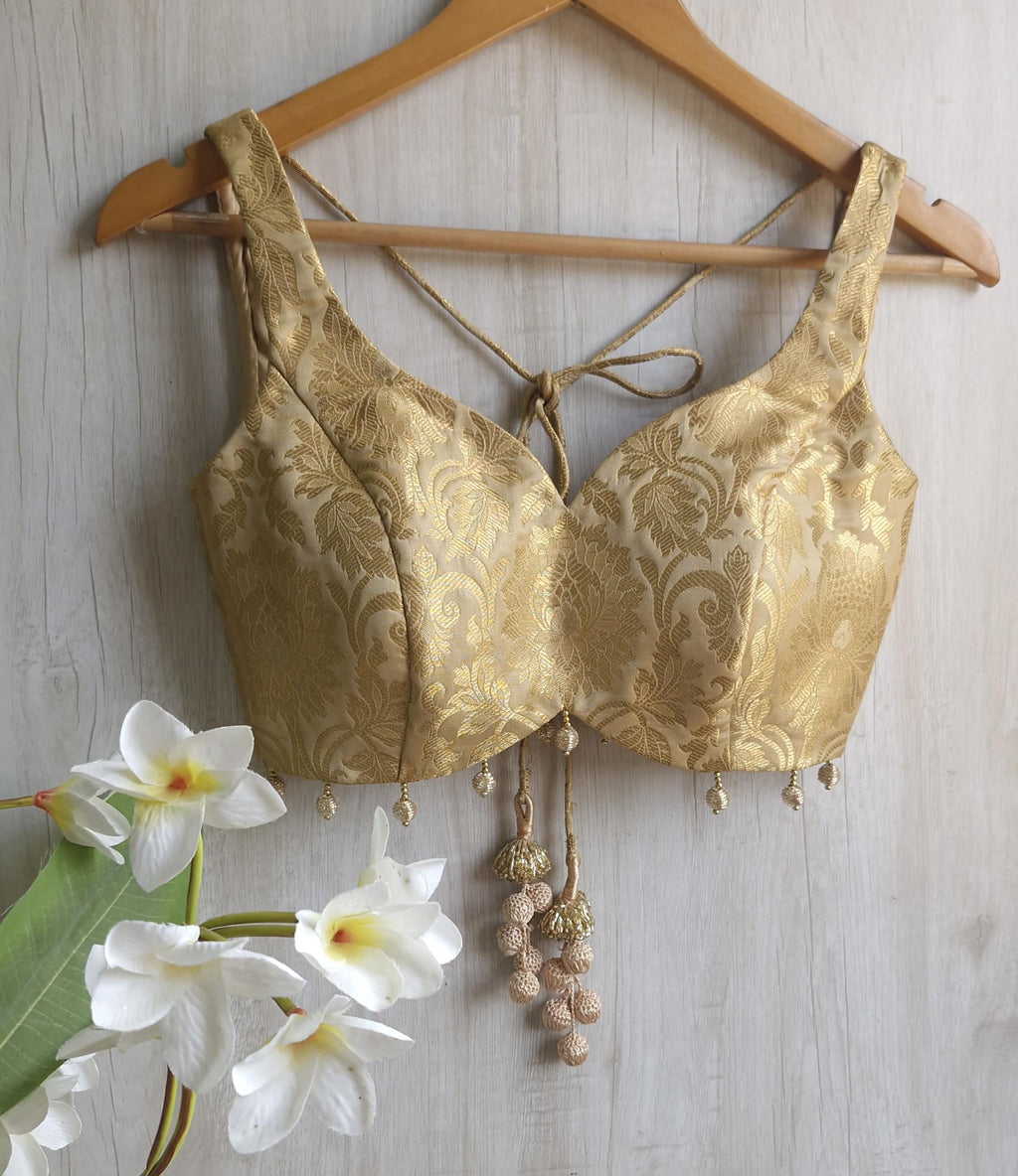 Gold Beige Banarasi Brocade Sweetheart Neck Blouse DVBL_411
