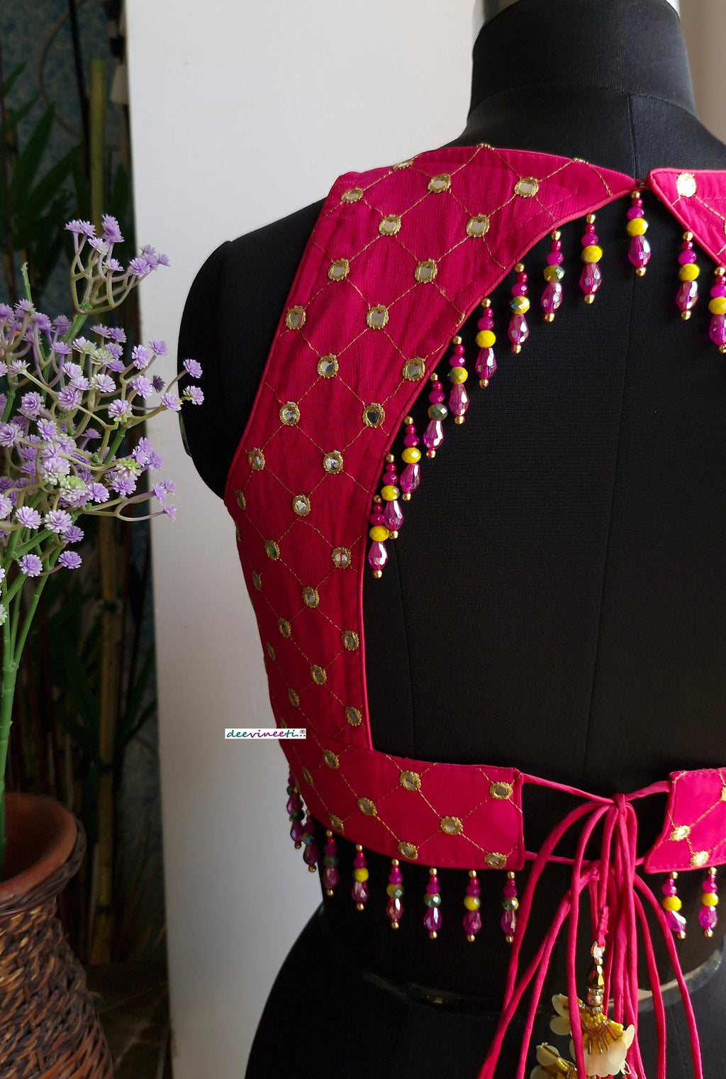 Hot Pink Embroidered Backless Blouse DVBL_336