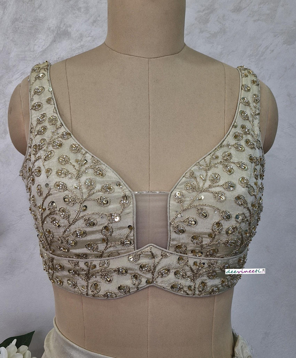 Cream Embroidered Tissue Silk Sweetheart Neck Blouse DVBL_404