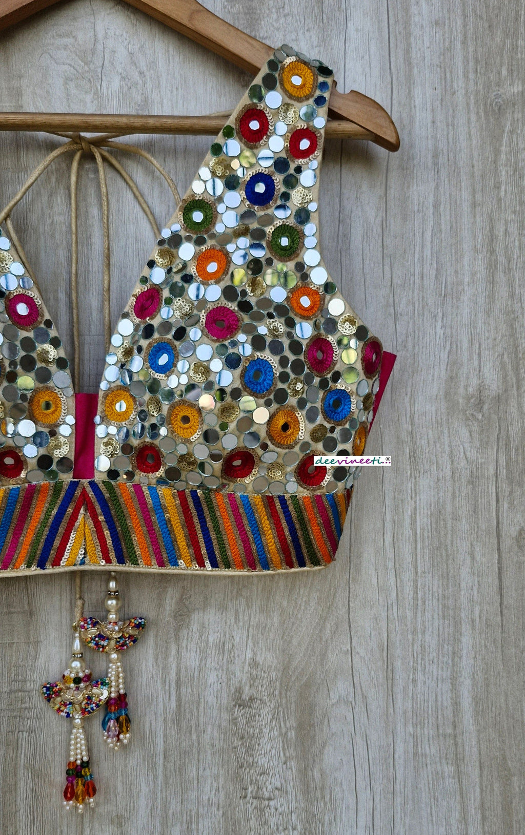 Multicolor Real Mirror Hand Embroidered Plunge Neckline Blouse DVBL_357