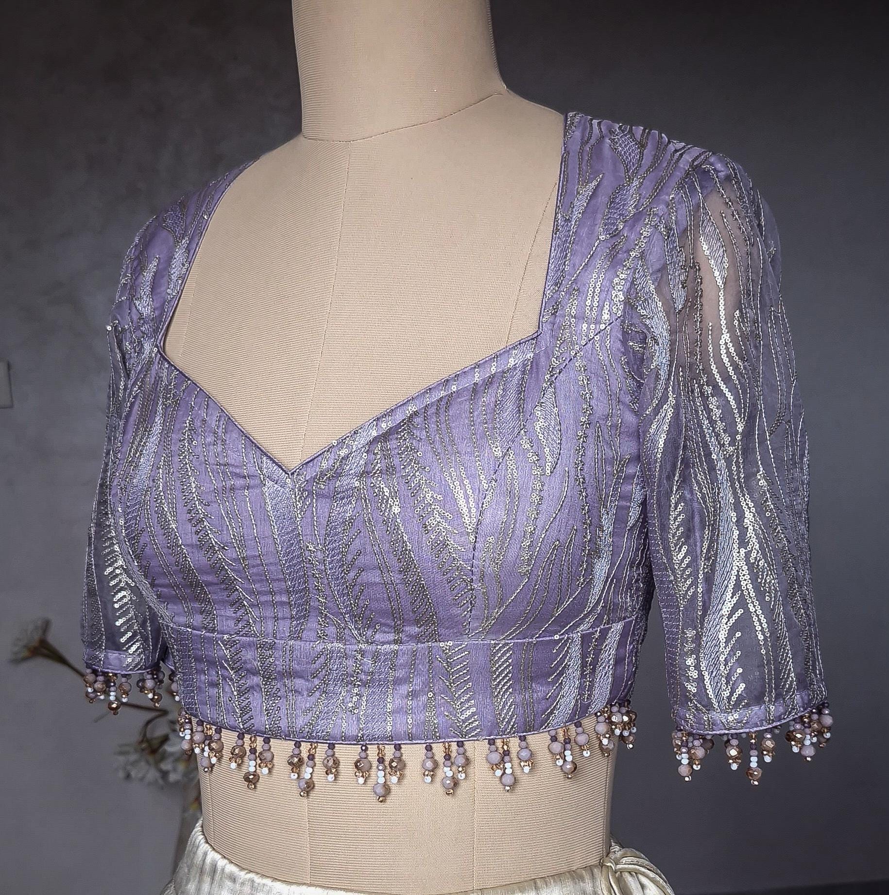 Lavender Embroidered Organza Sweetheart Neck Blouse DVBL_437
