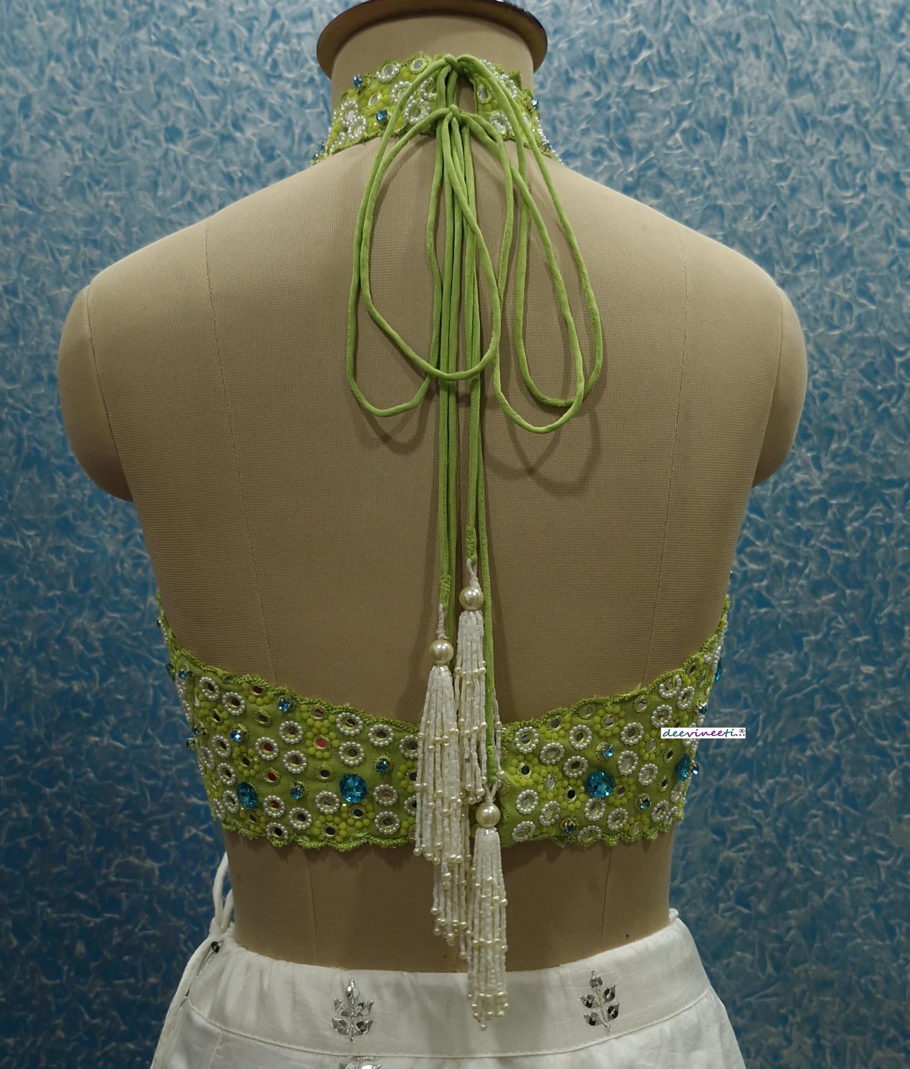 Hand Embroidered Lime Green Halter Blouse DVBL_386