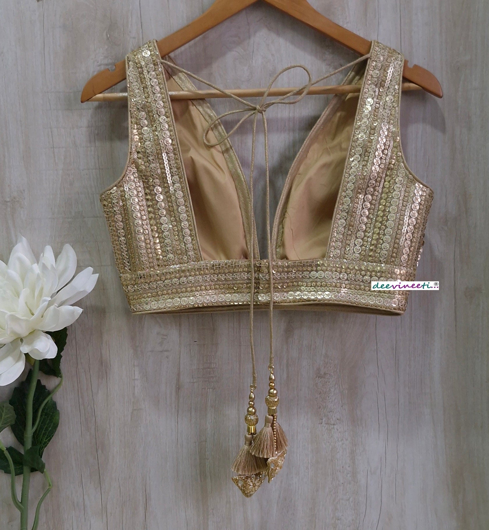 Gold Sequins Embroidered Plunge Neckline Blouse DVBL_363