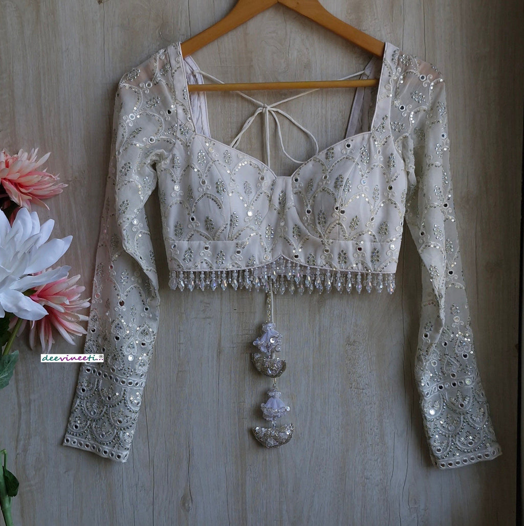 White and Silver Embroidered Long Sleeves Blouse DVBL_349