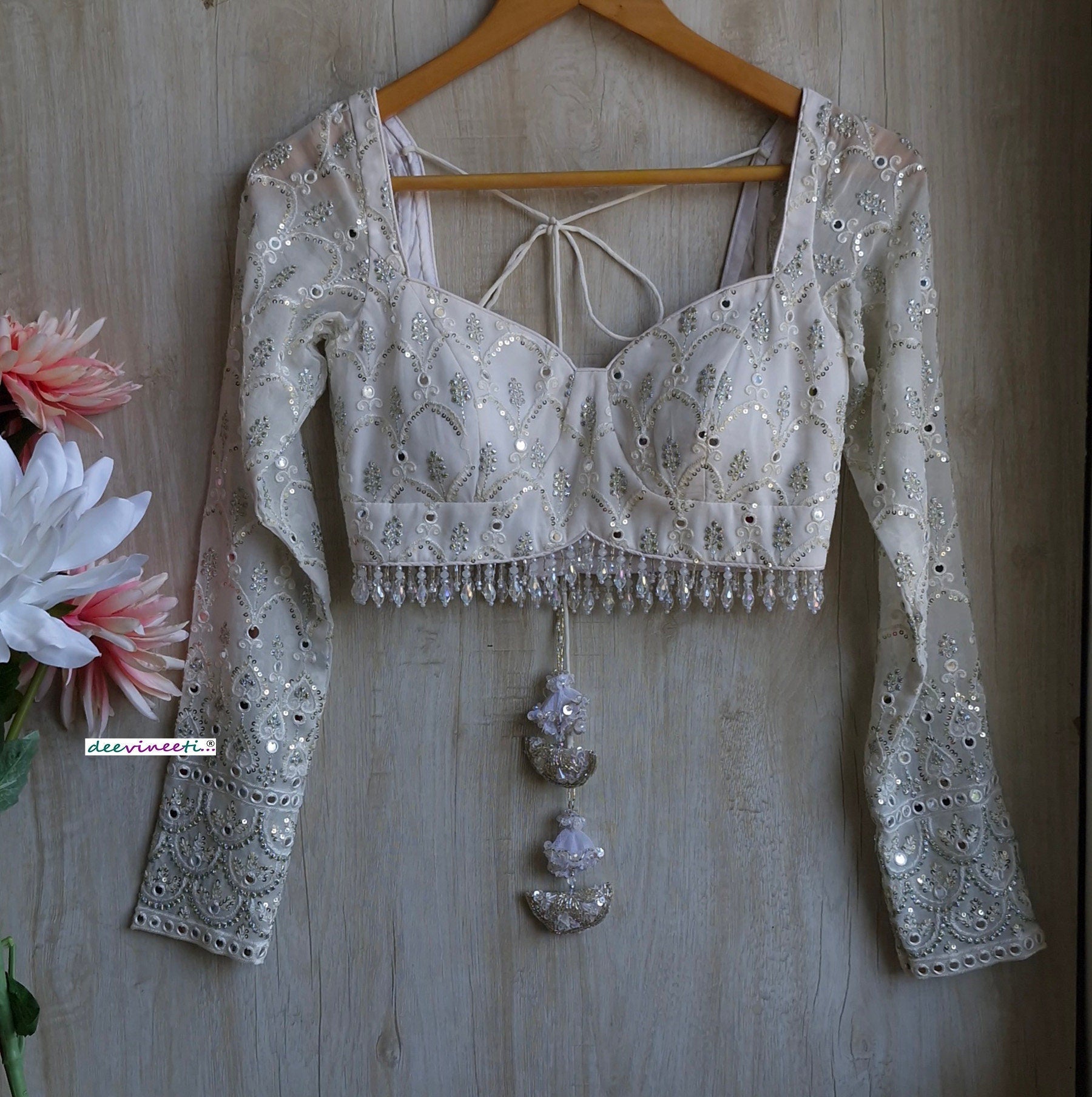 White and Silver Embroidered Long Sleeves Blouse DVBL_349