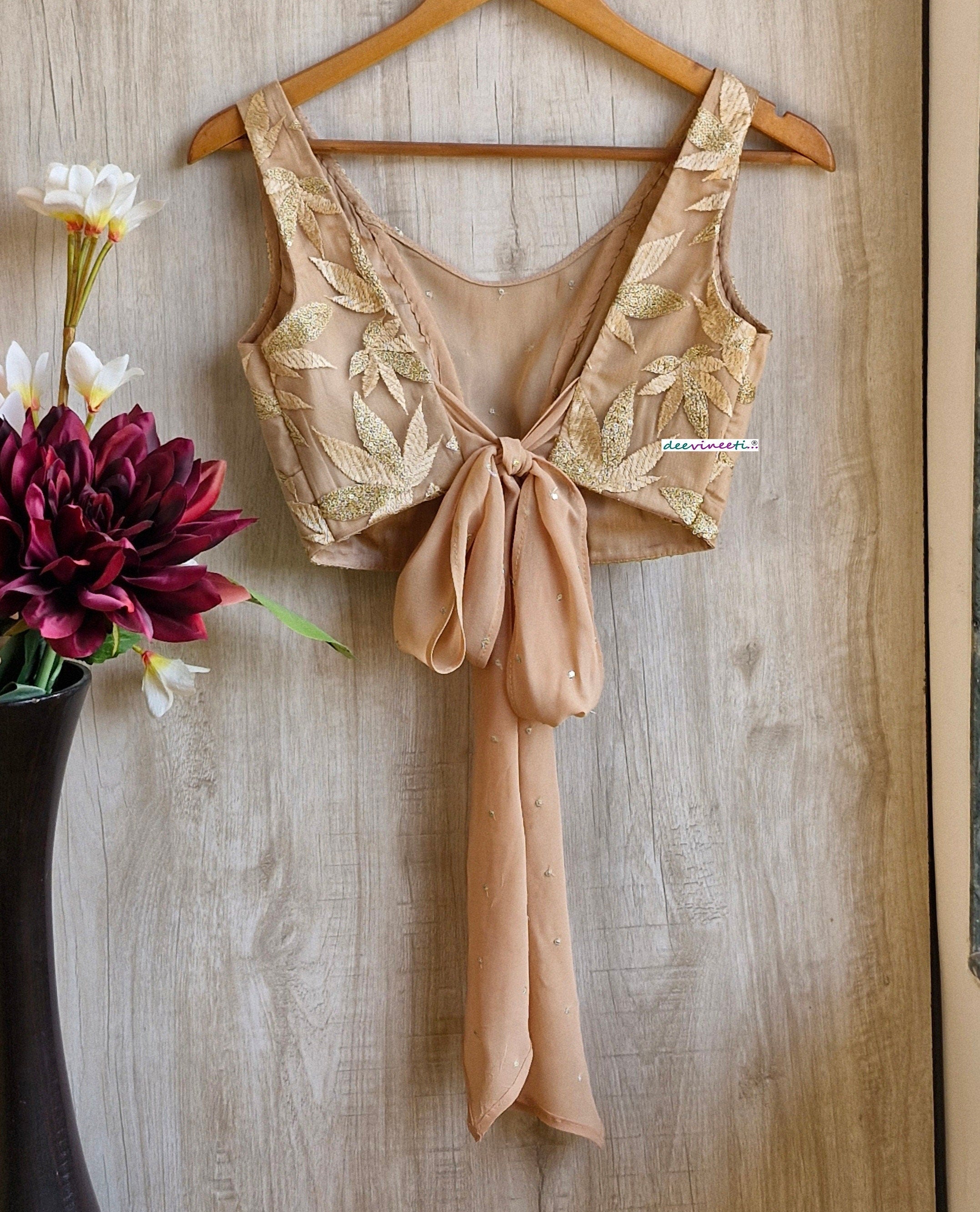 Embroidered Beige Boat Neck Tie Blouse DVBL_346