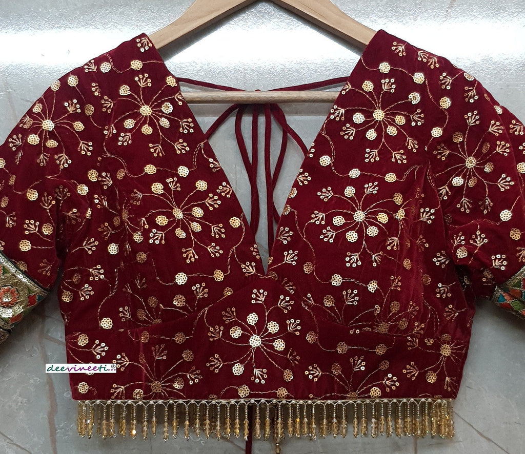Maroon Embroidered Velvet Deep V Neck Blouse DVBL_200