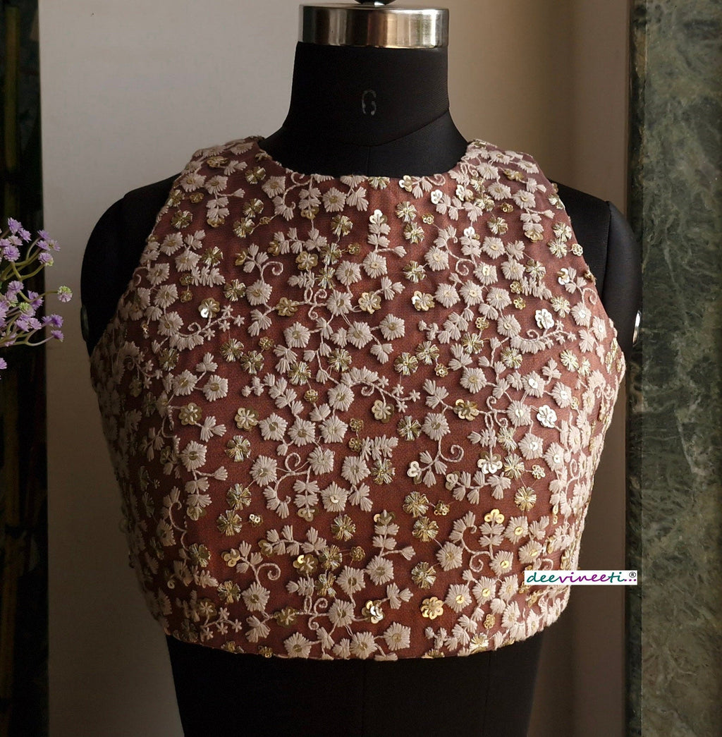 Mauve Brown Embroidered Jewel Neck Backless Blouse DVBL_335