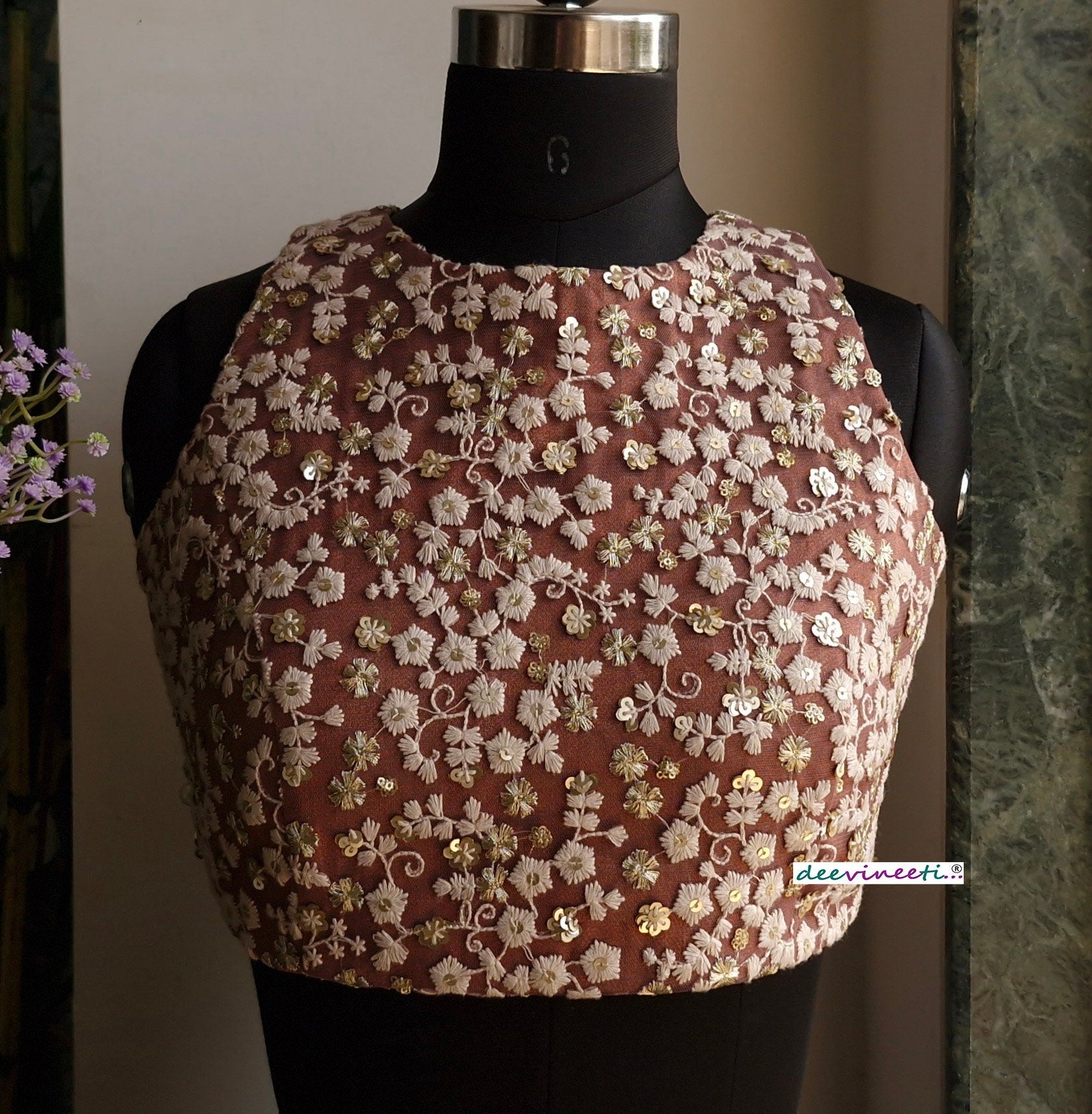 Mauve Brown Embroidered Jewel Neck Backless Blouse DVBL_335