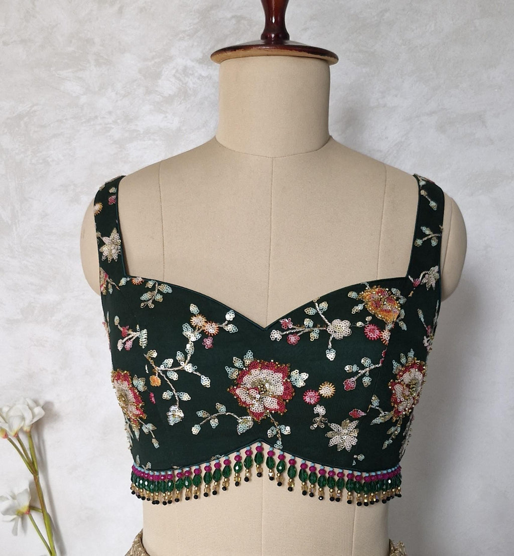 Bottle Green Embroidered Sweetheart Neck Blouse DVBL_441