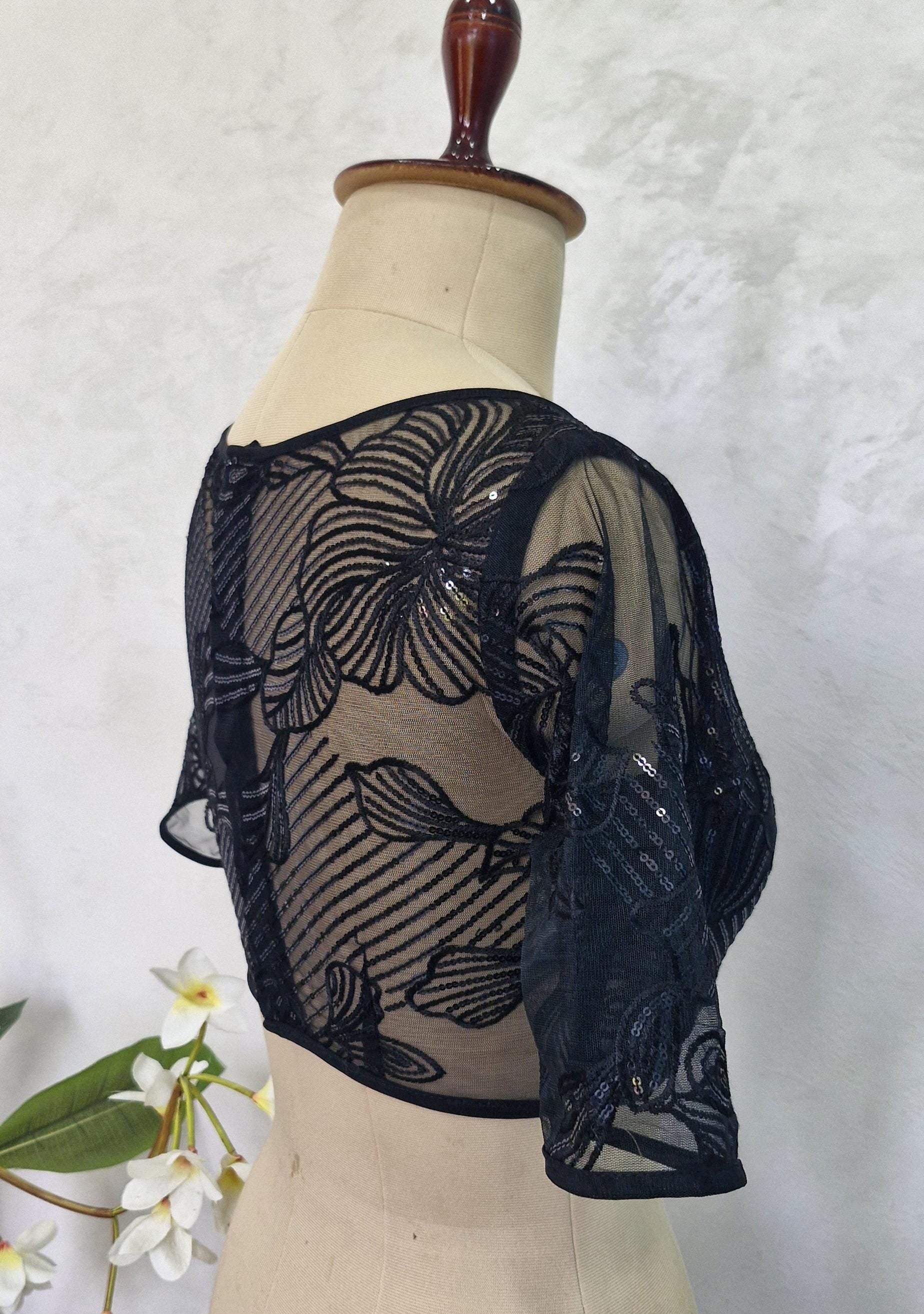 Embroidered Net Black Blouse with Sleeves DVBL_418