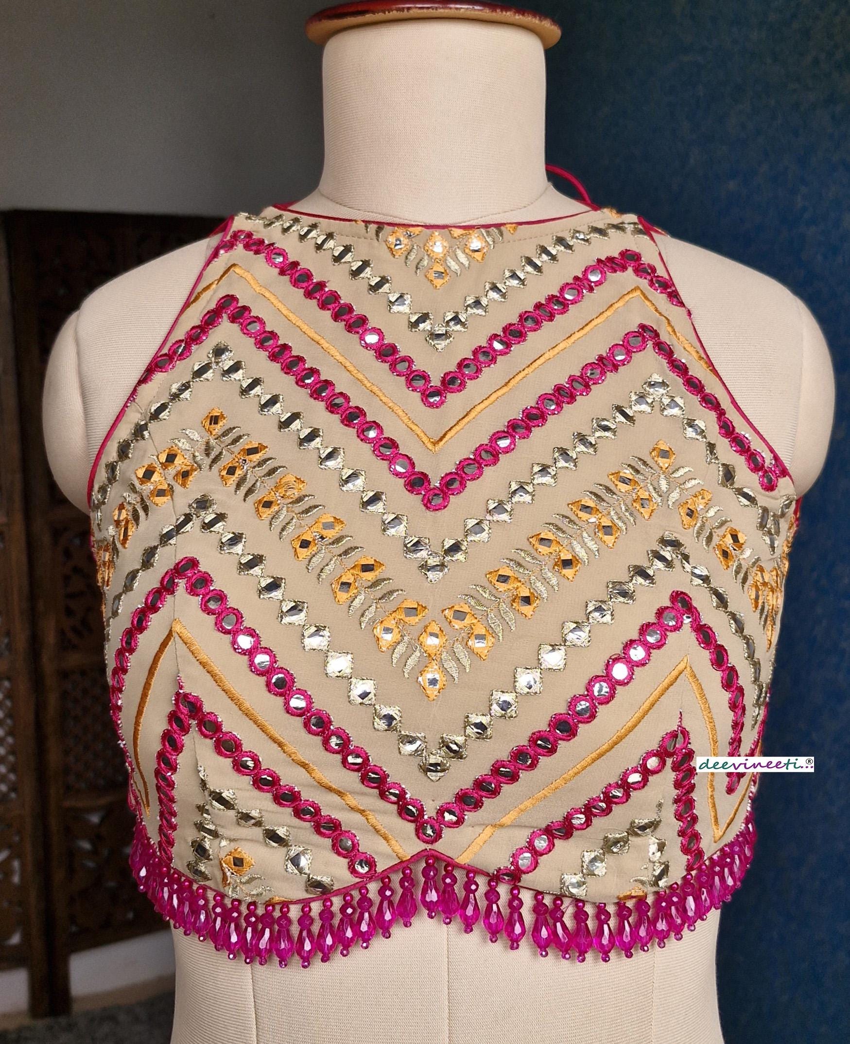 Beige Chevron Embroidered Halter Neck Blouse DVBL_367