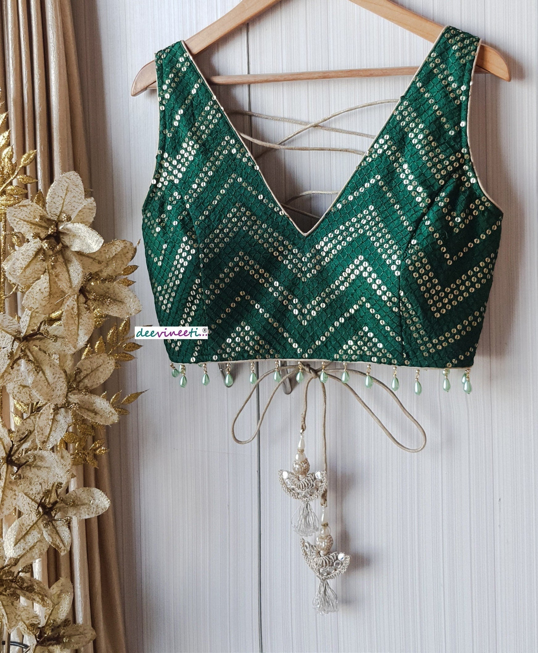 Green Sequins Chevron Embroidered Silk Blouse DVBL_152