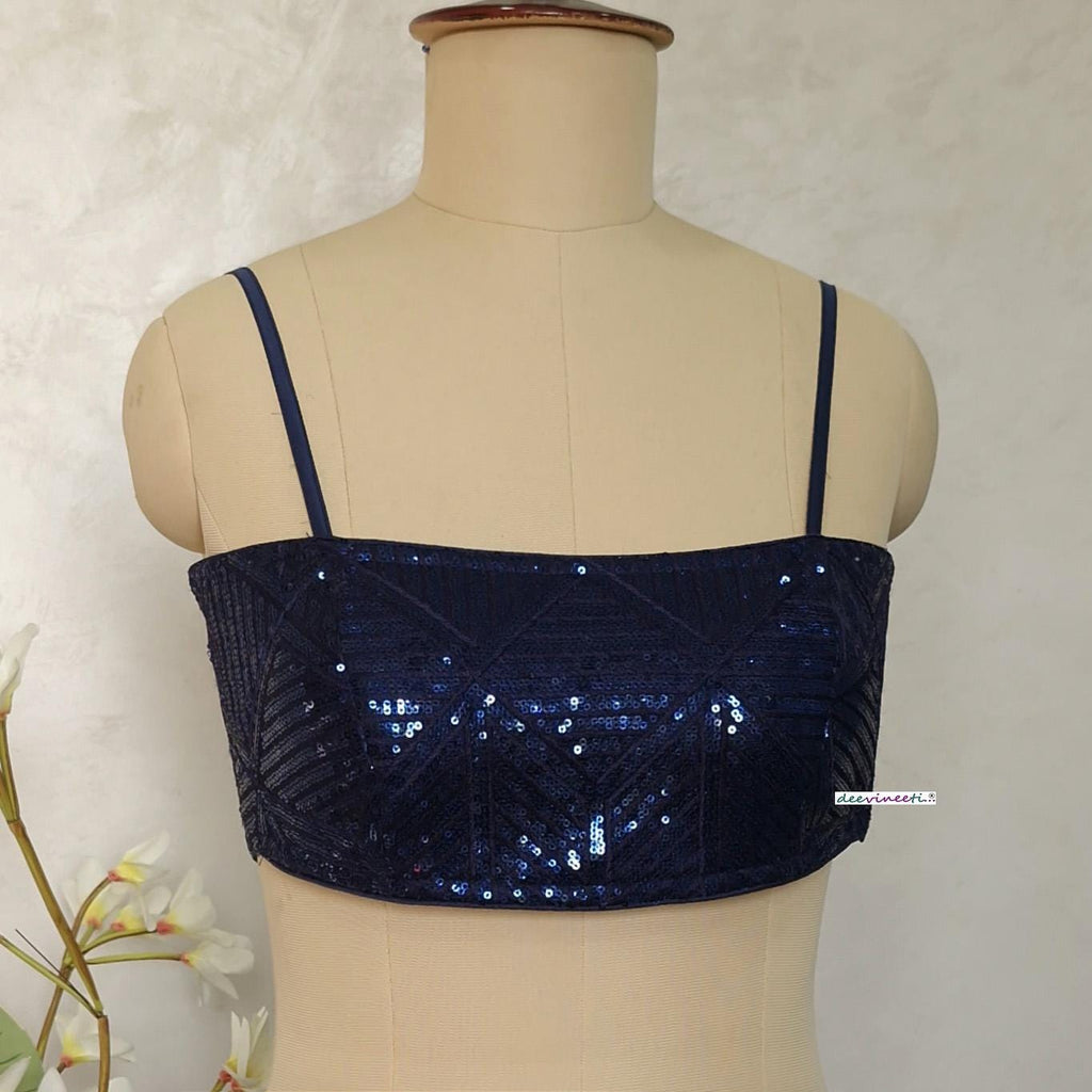 Deep Blue Sequins Embroidered Spaghetti Blouse DVBL_405
