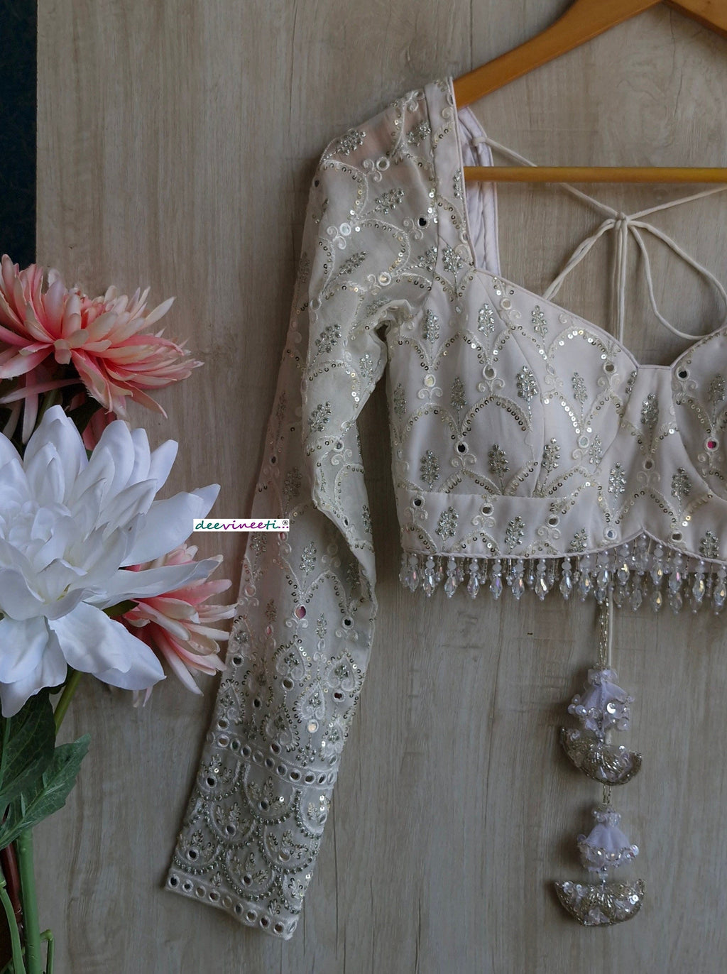 White and Silver Embroidered Long Sleeves Blouse DVBL_349