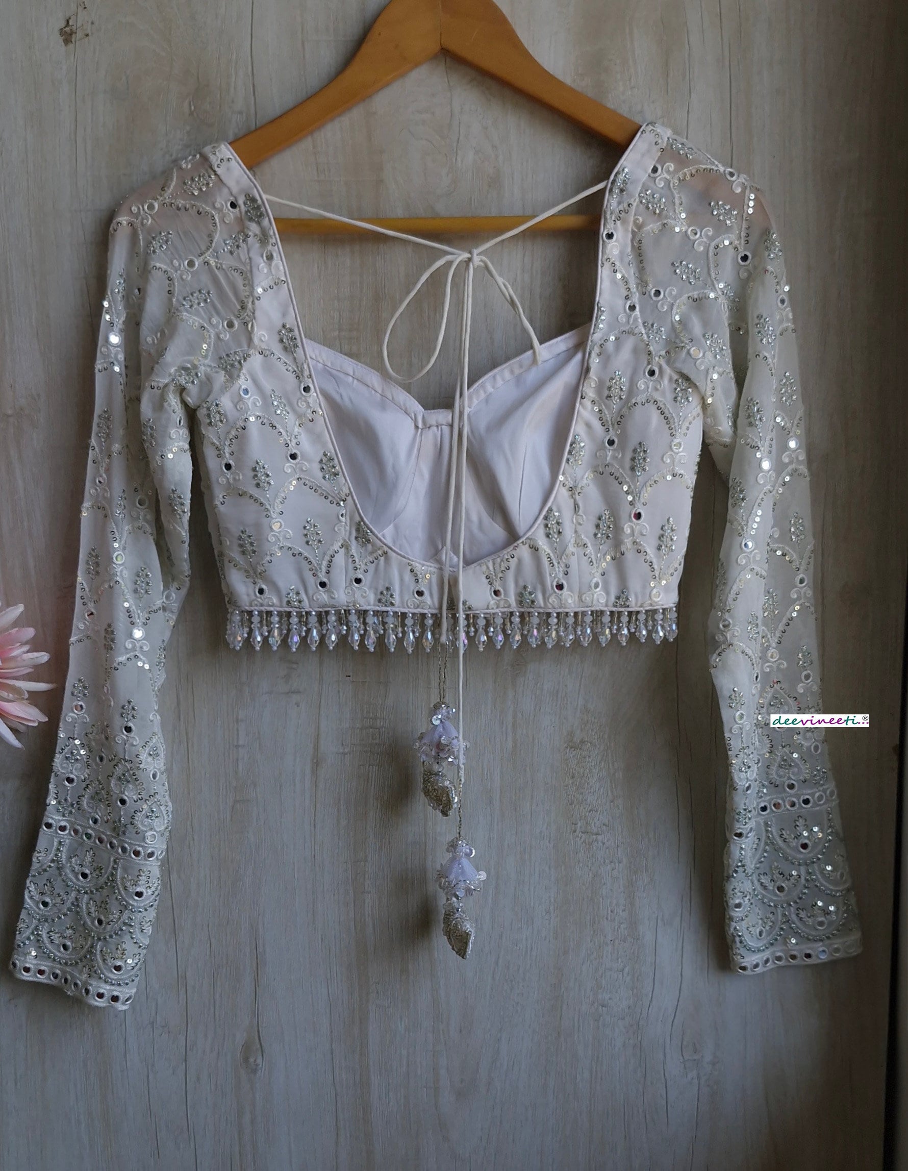 White and Silver Embroidered Long Sleeves Blouse DVBL_349