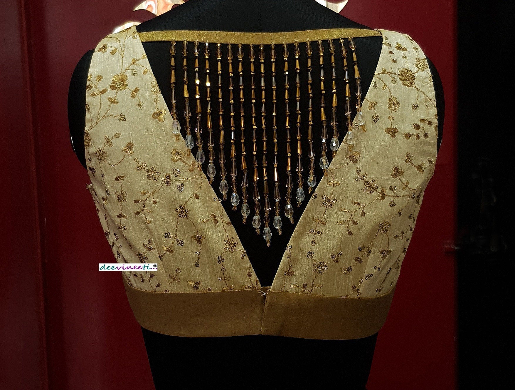 Cream Gold Embroidered Deep V Neck Blouse DVBL_253