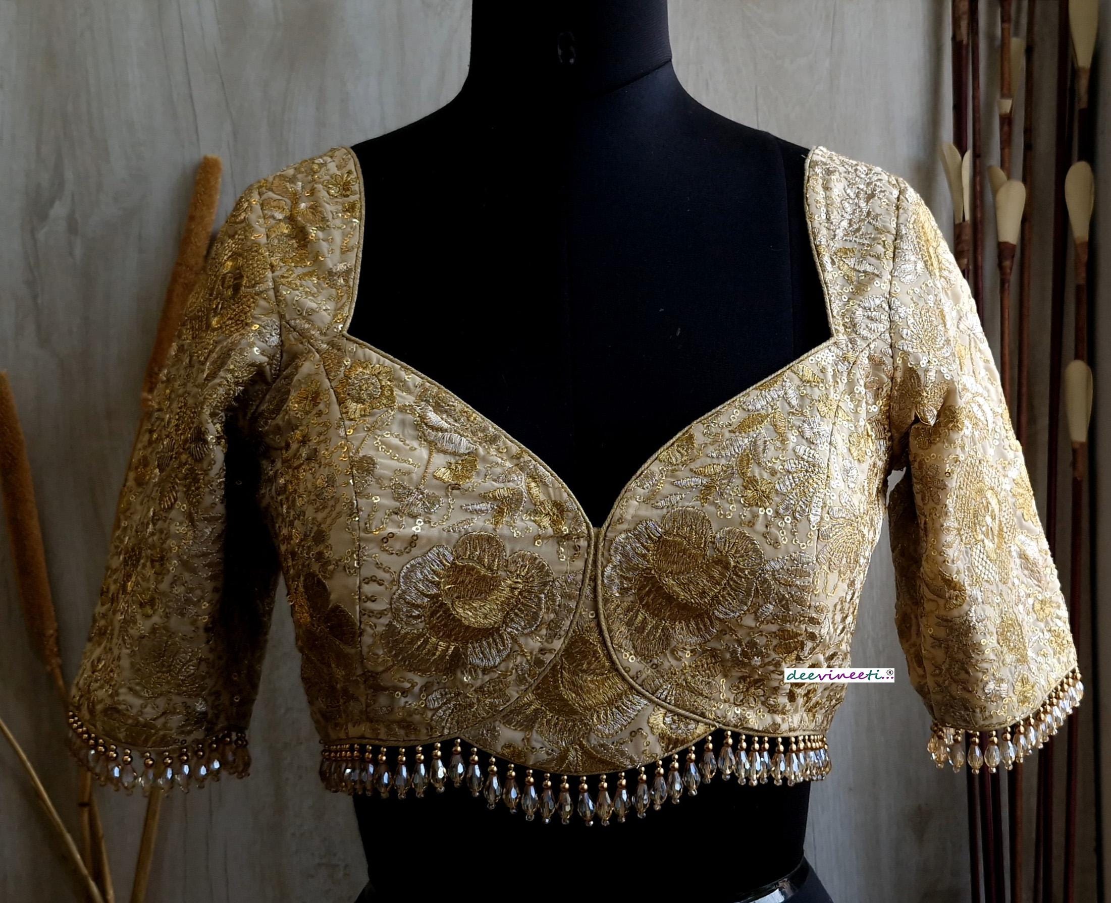 Beige Gold Embroidered Deep Sweetheart Neck Blouse DVBL_380