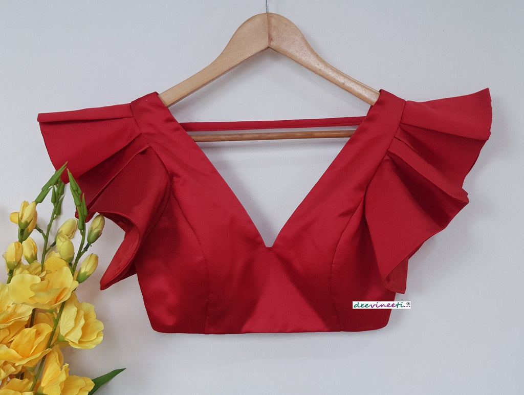 Red Satin Deep V Neck Ruffled Sleeves Blouse DVBL_265