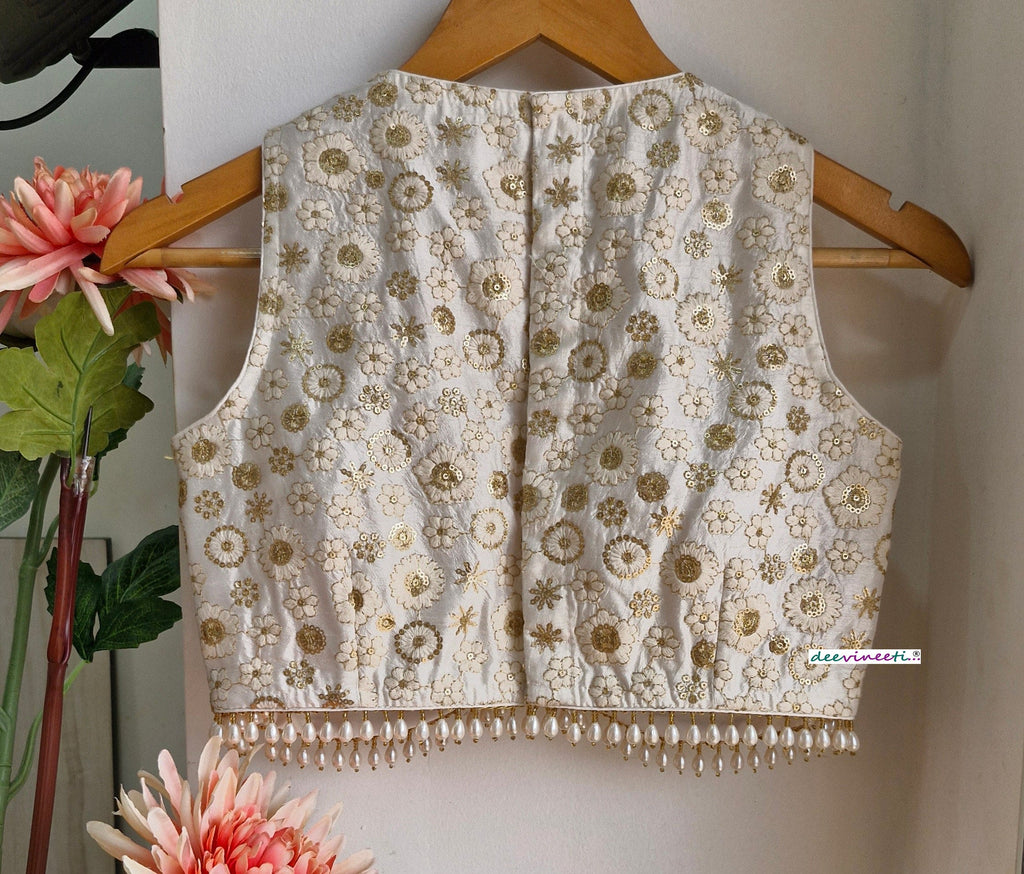 Off-White Embroidered Silk V Neck Blouse DVBL_313