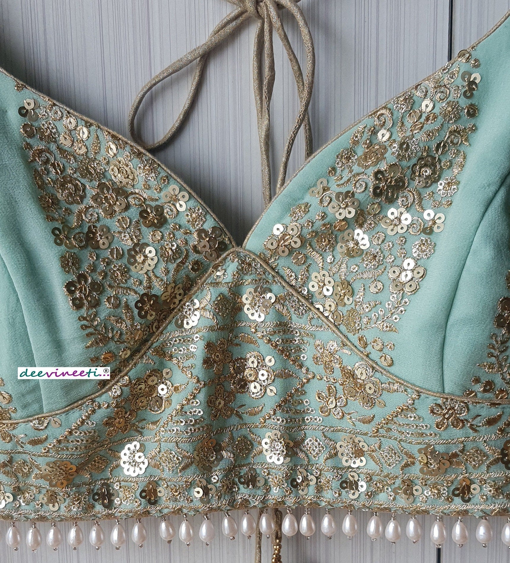 Sea Green Embroidered Sweetheart Neck Blouse DVBL_258