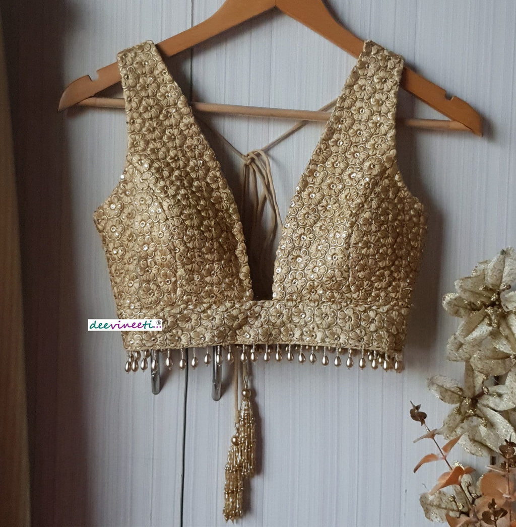Embroidered Gold Plunge Neckline Blouse DVBL_139