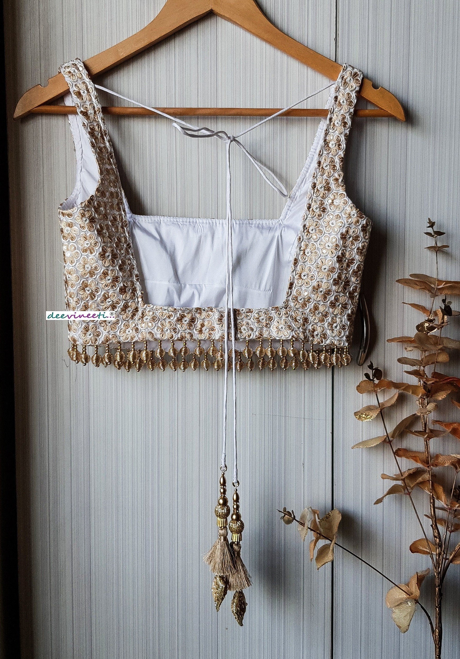 Embroidered White and Gold Square Neckline Blouse DVBL_238