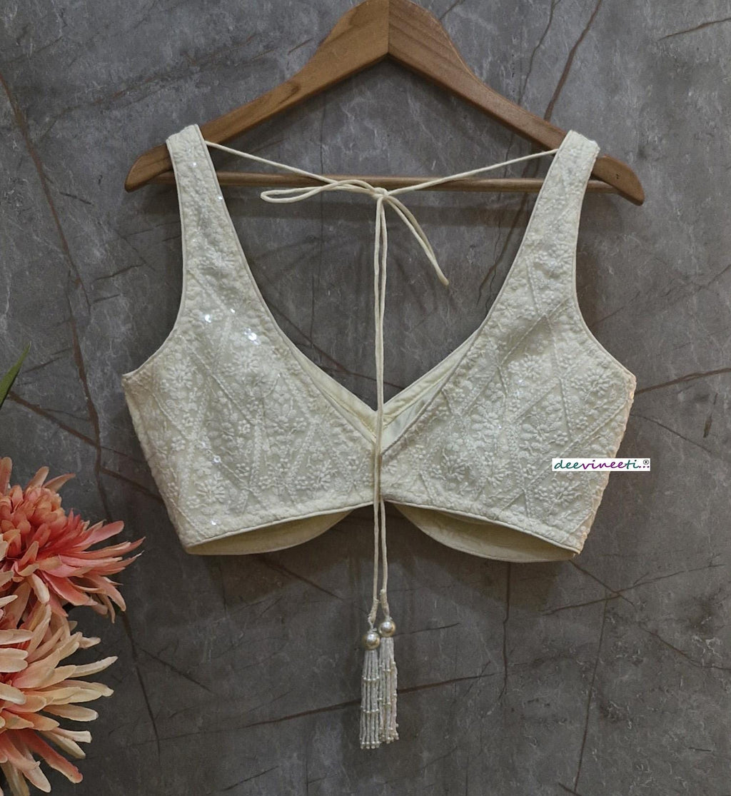 Egg White Embroidered V Neck Blouse DVBL_366