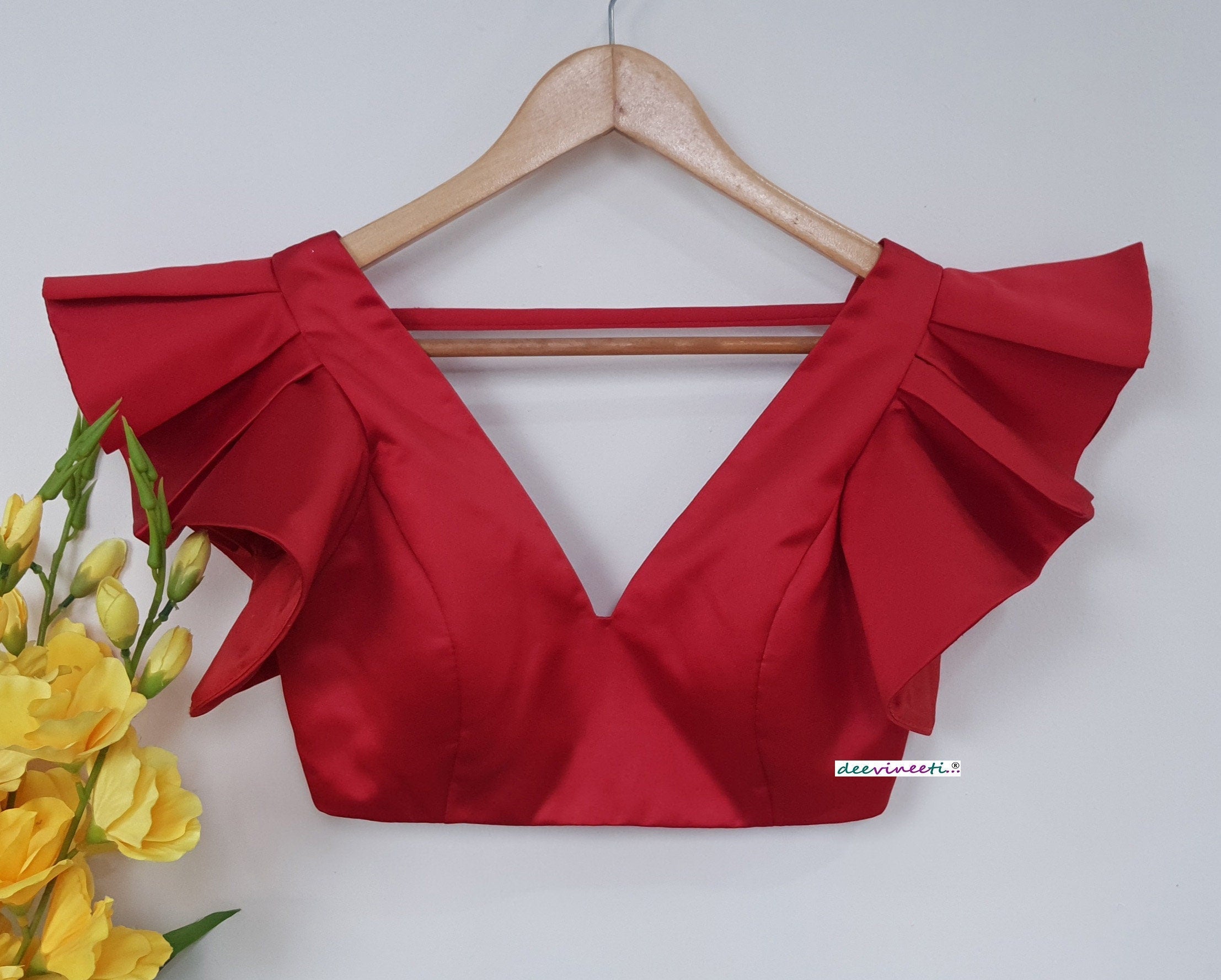 Red Satin Deep V Neck Ruffled Sleeves Blouse DVBL_265