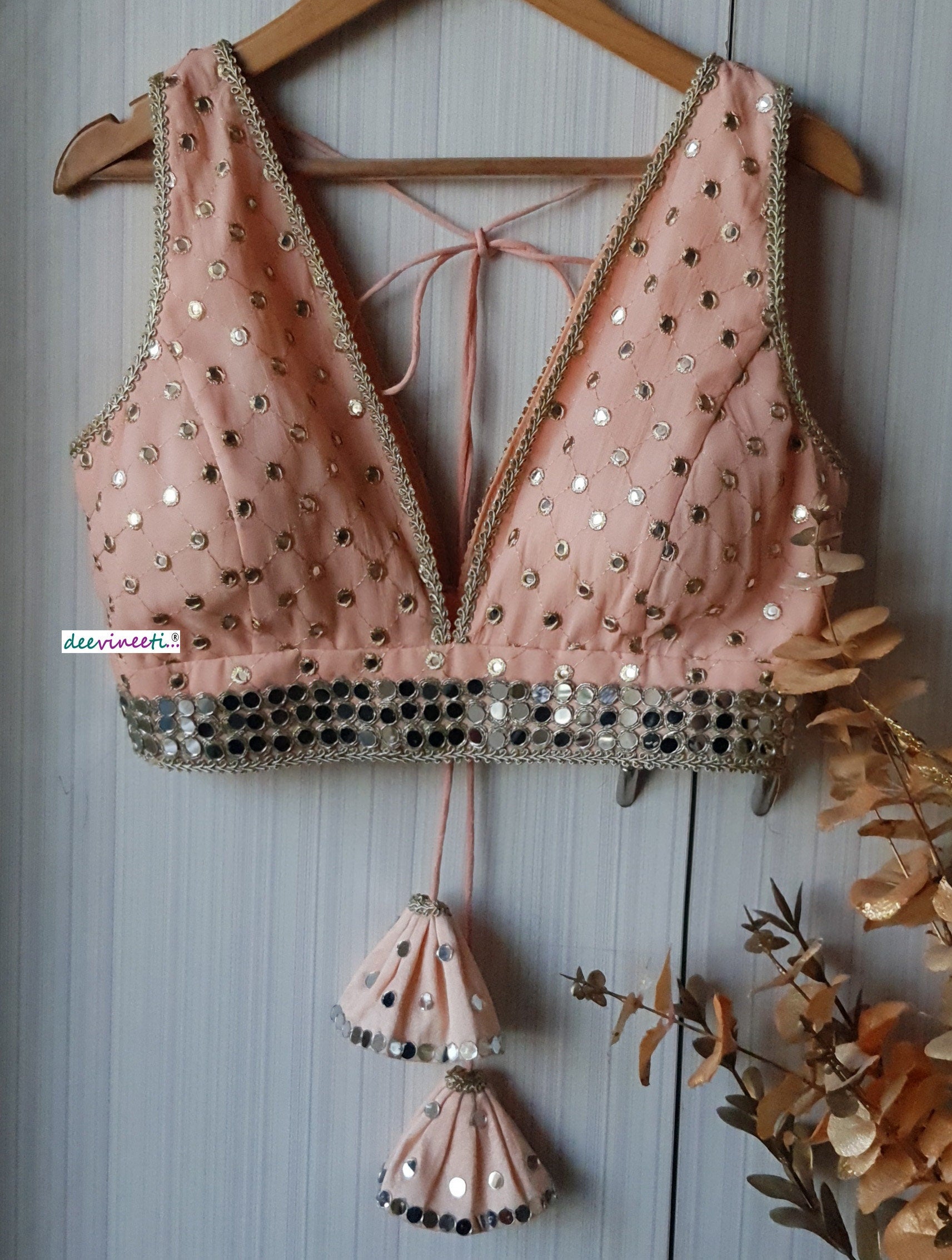 Faux Mirror Embroidered Peach Plunge Neckline Blouse DVBL_162