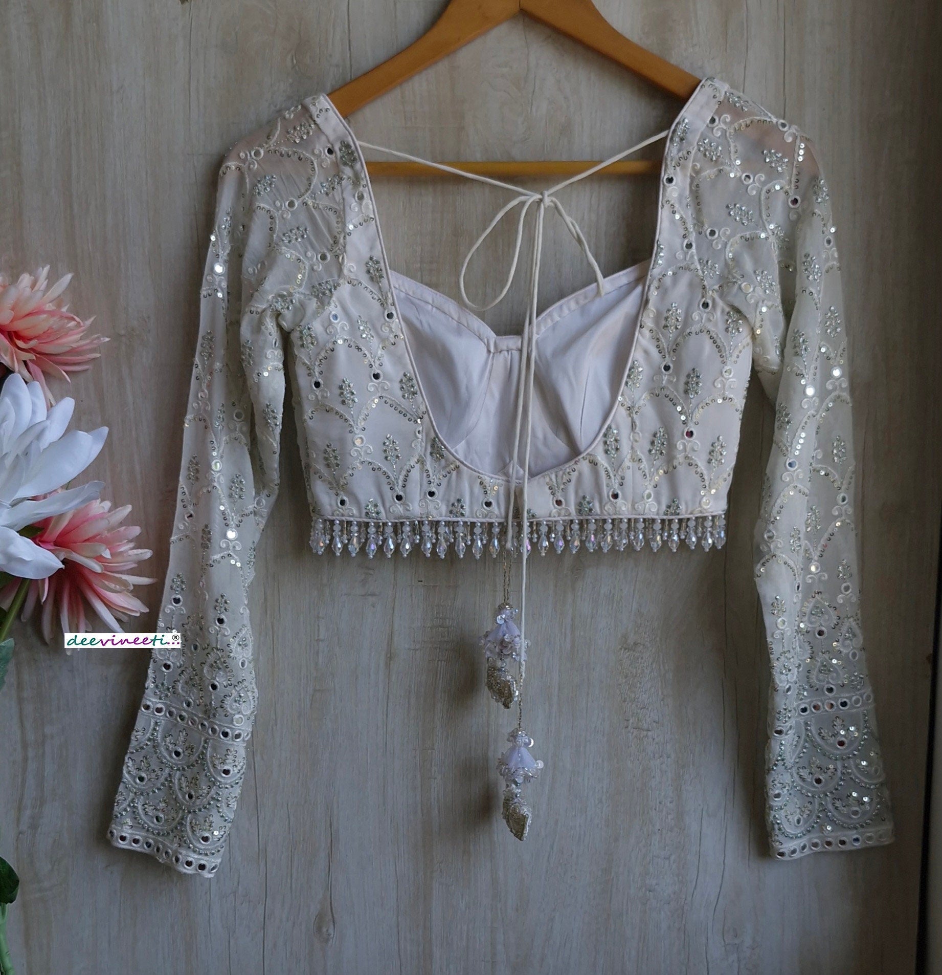 White and Silver Embroidered Long Sleeves Blouse DVBL_349