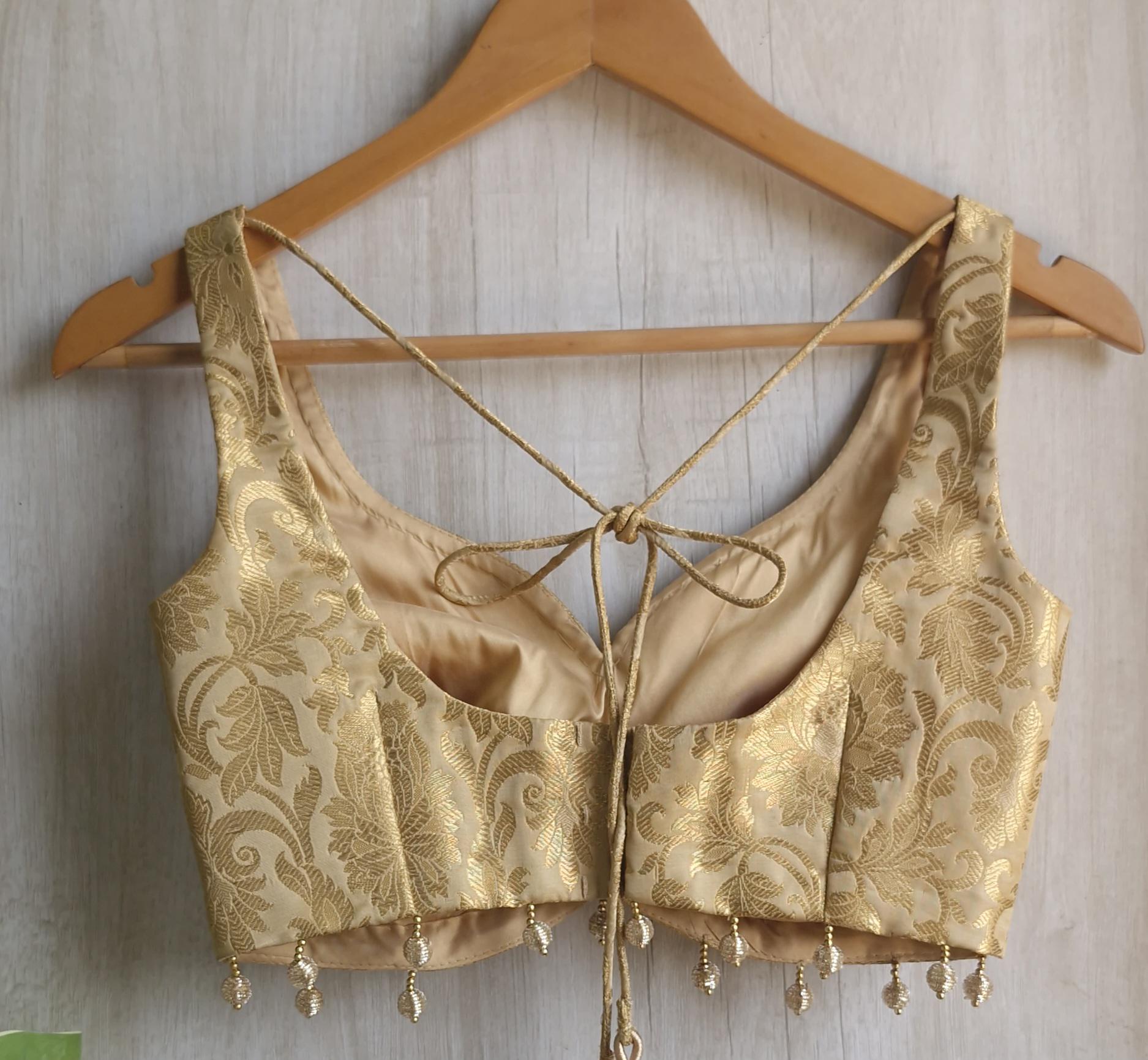 Gold Beige Banarasi Brocade Sweetheart Neck Blouse DVBL_411