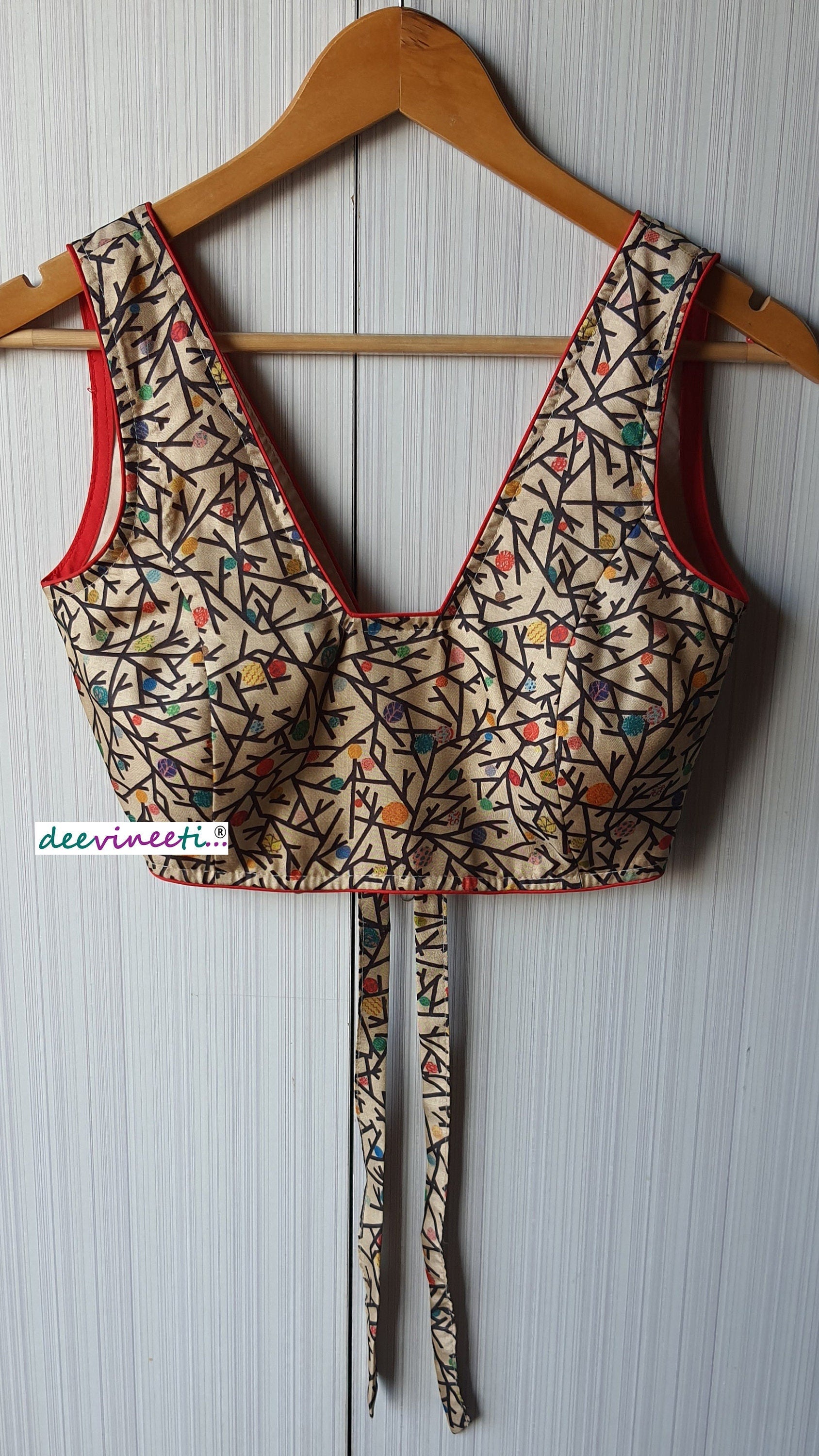 Beige Printed Khadi Silk Blouse Trapeze Neck Blouse DVBL_069