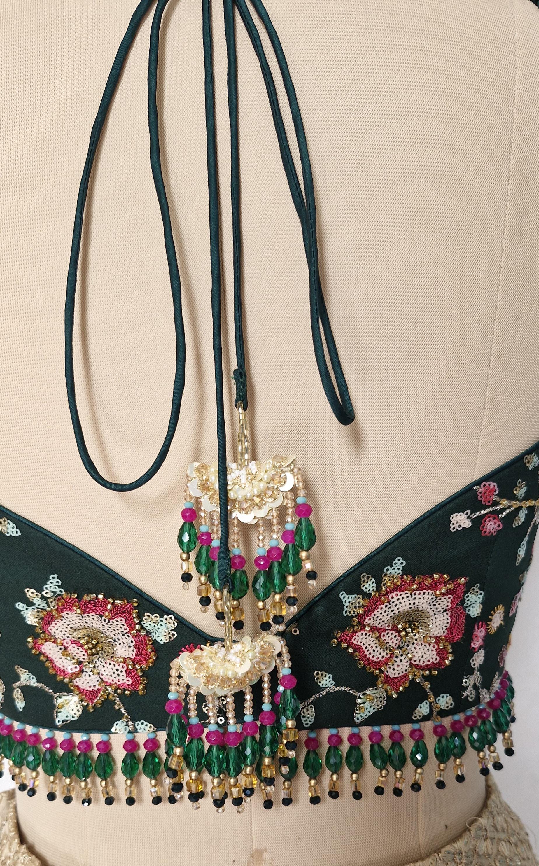 Bottle Green Embroidered Sweetheart Neck Blouse DVBL_441
